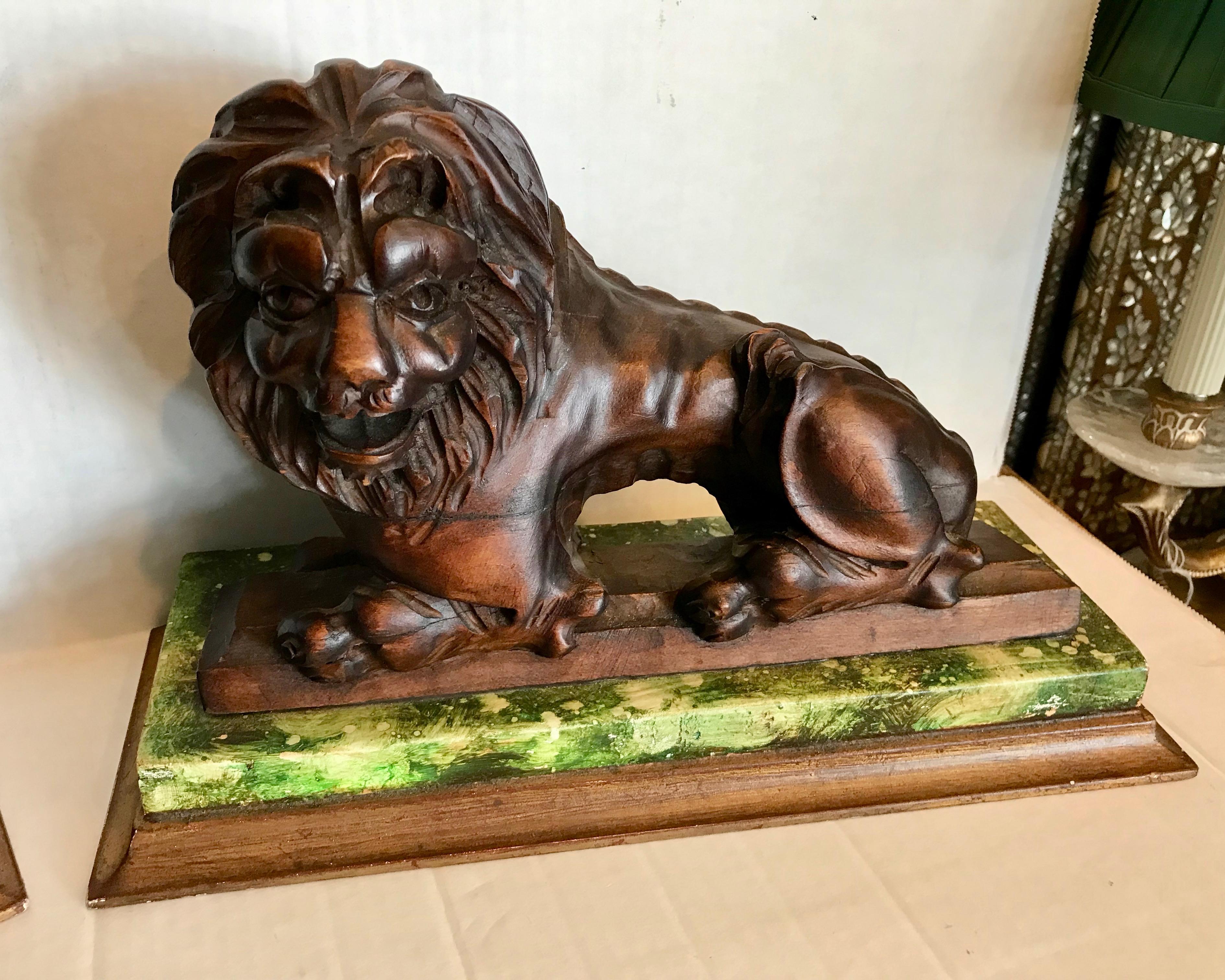 Pair of 19th Century Carved Wood Lions 2