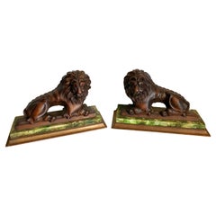 Antique Pair of 19th Century Carved Wood Lions