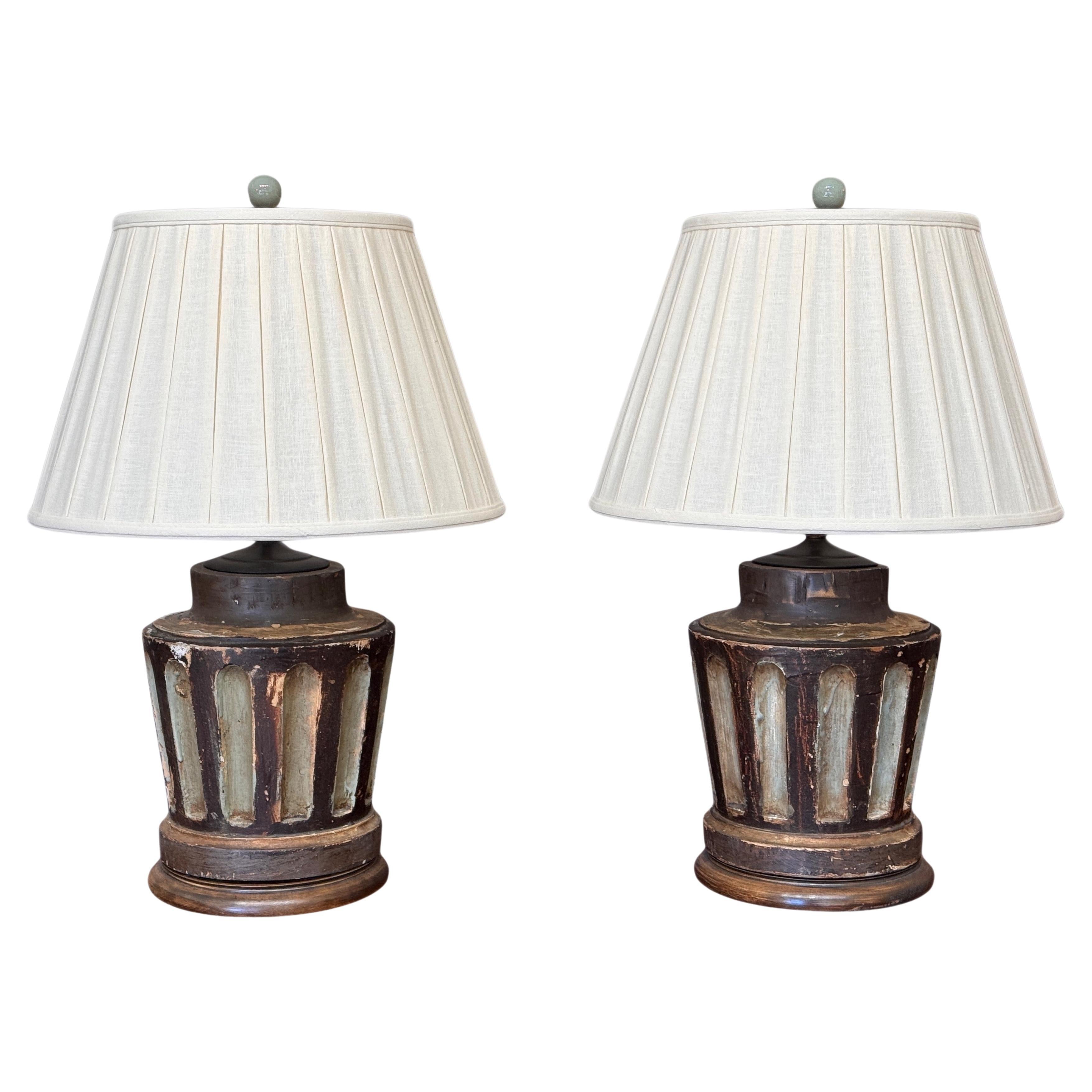 Pair of 19th Century Carved Wood Neoclassical Column Lamps For Sale