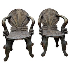 Pair of 19th Century Carved Wood Venetian Grotto Chairs