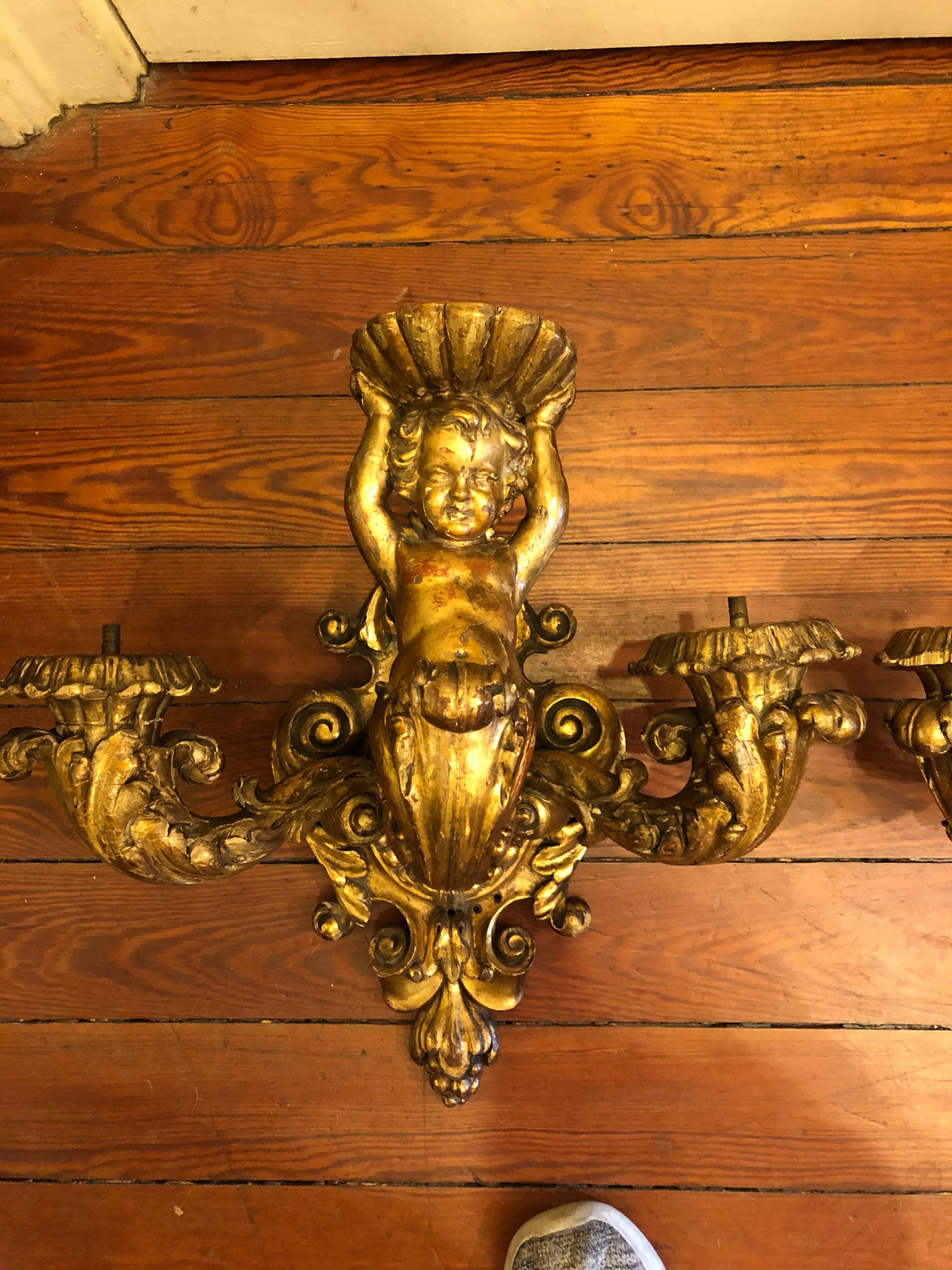 Baroque Pair of 19th Century Carved Wood Wall Sconces