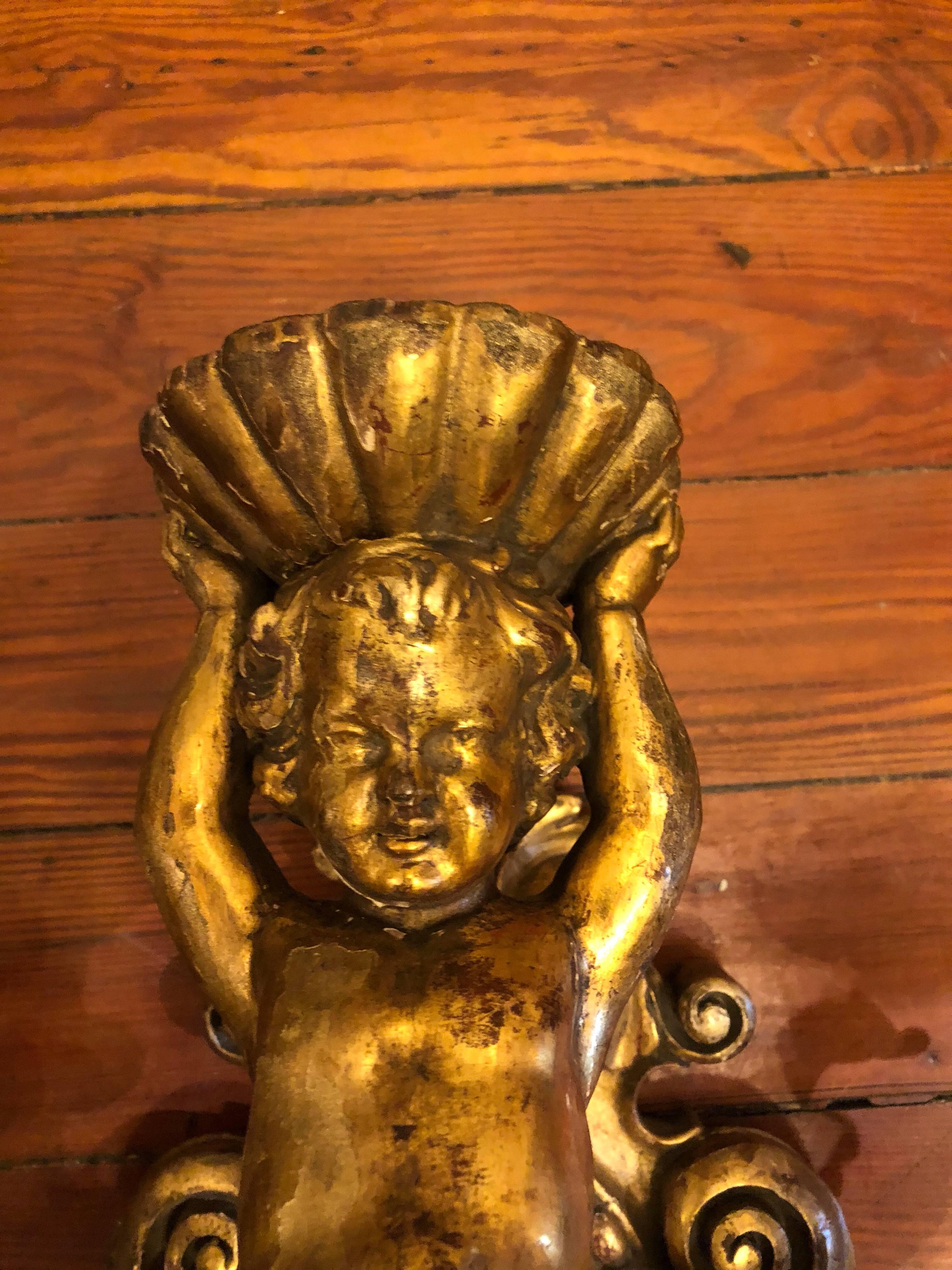 Italian Pair of 19th Century Carved Wood Wall Sconces