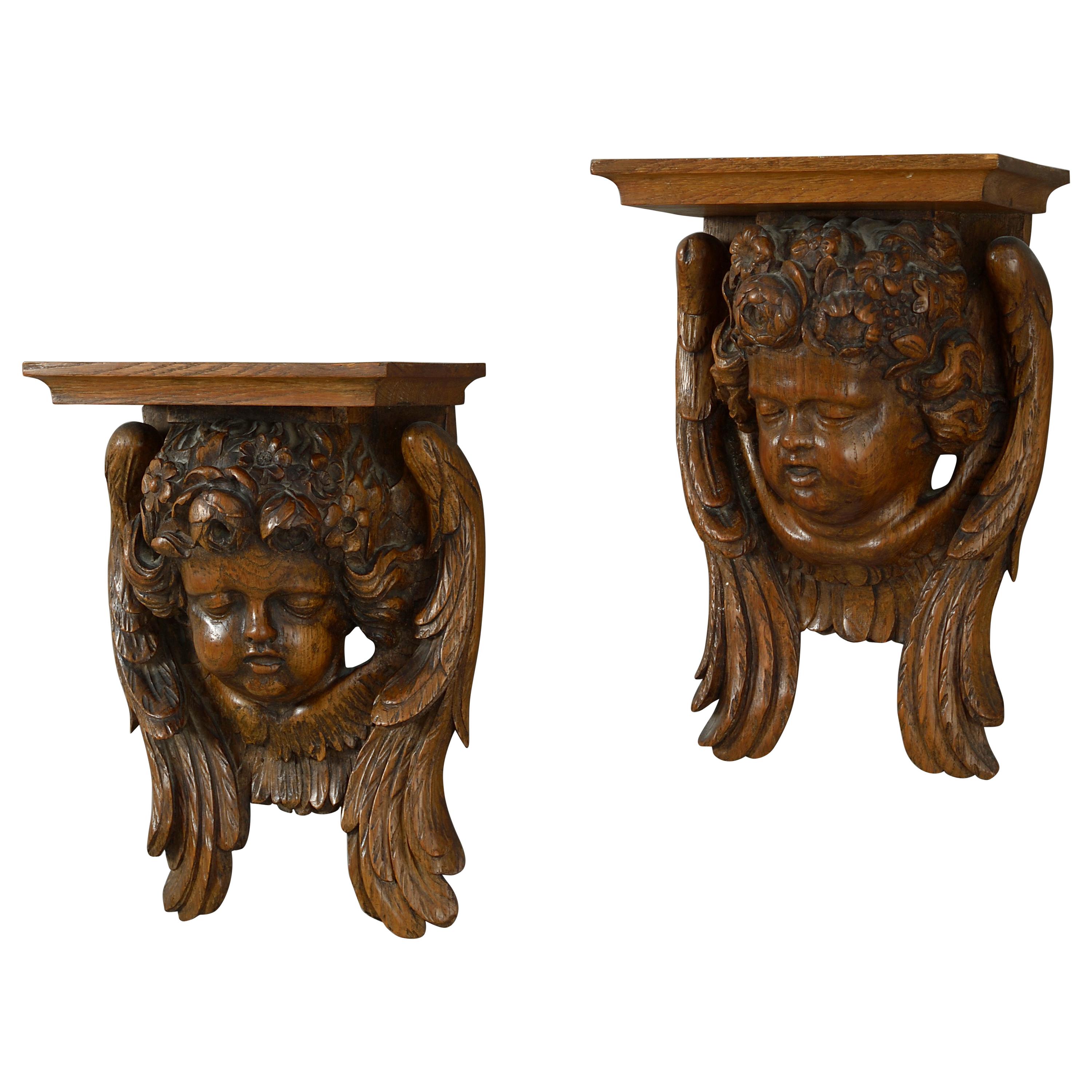 Pair of 19th Century Carved Wooden Cherub Wall Brackets For Sale