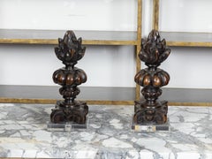 Pair of 19th Century Carved Wooden Italian Pot à Feu Sculptures on Lucite Bases