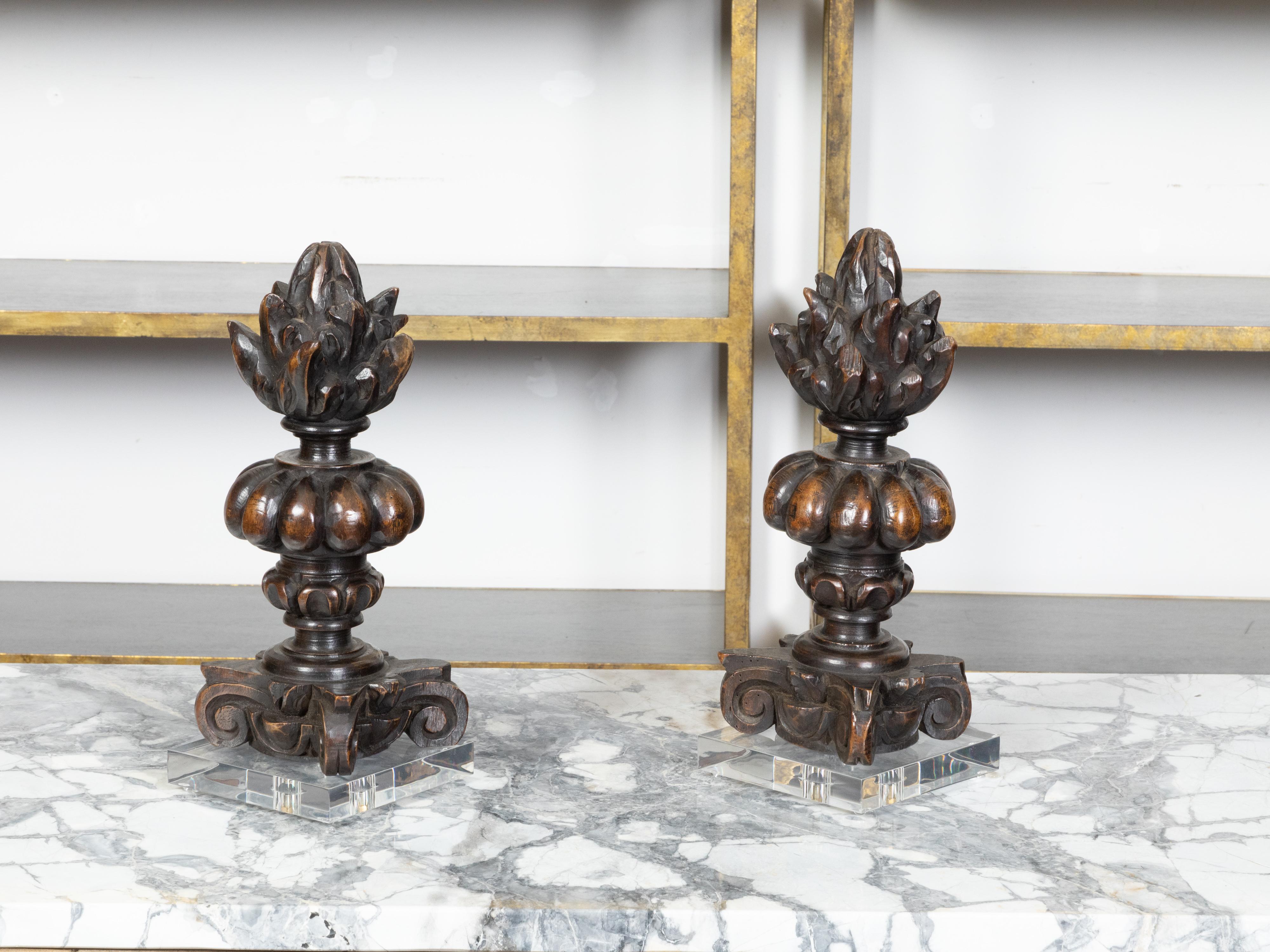 Hand-Carved Pair of 19th Century Carved Wooden Italian Pot à Feu Sculptures on Lucite Bases For Sale