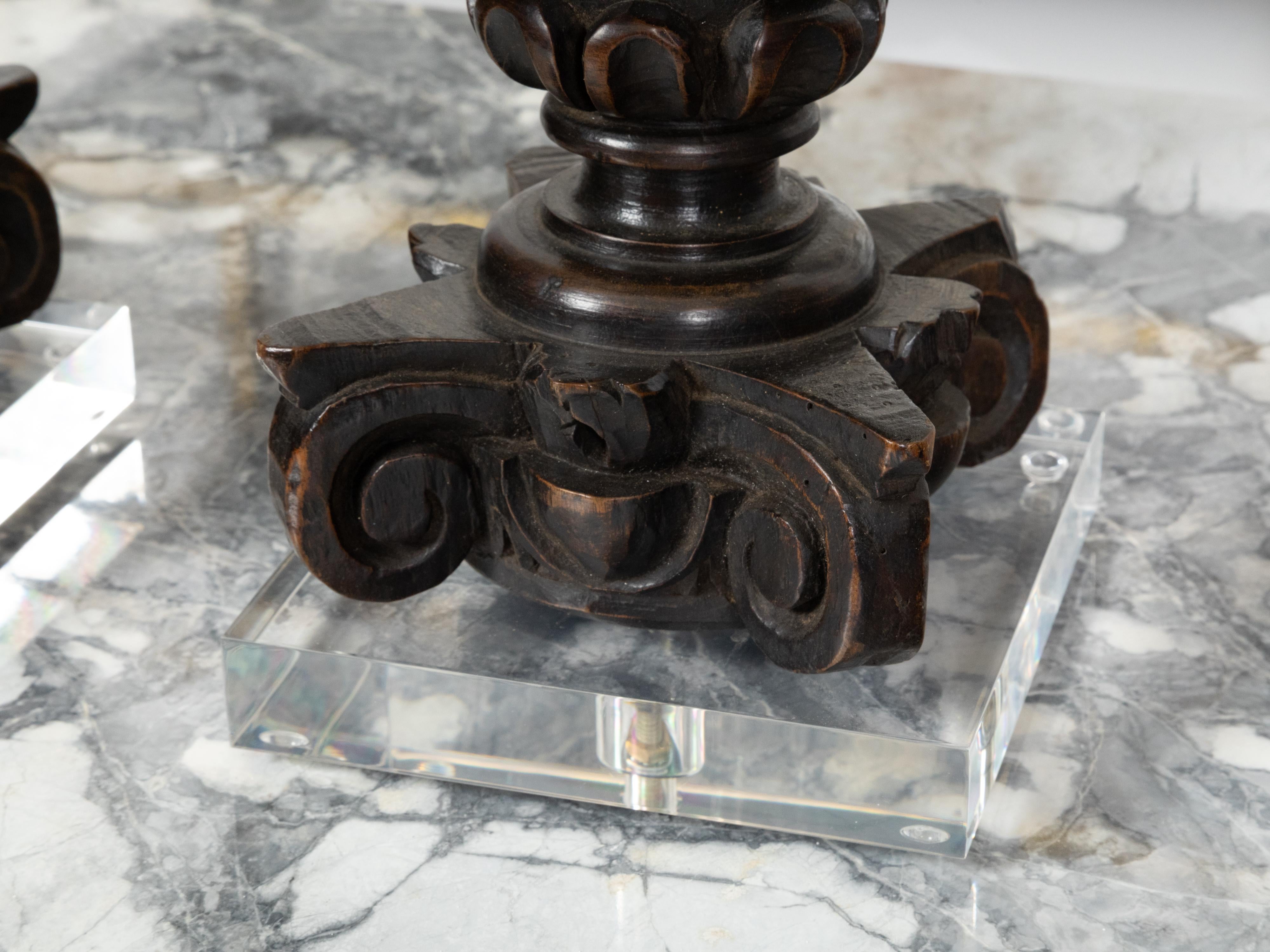 Pair of 19th Century Carved Wooden Italian Pot à Feu Sculptures on Lucite Bases For Sale 4