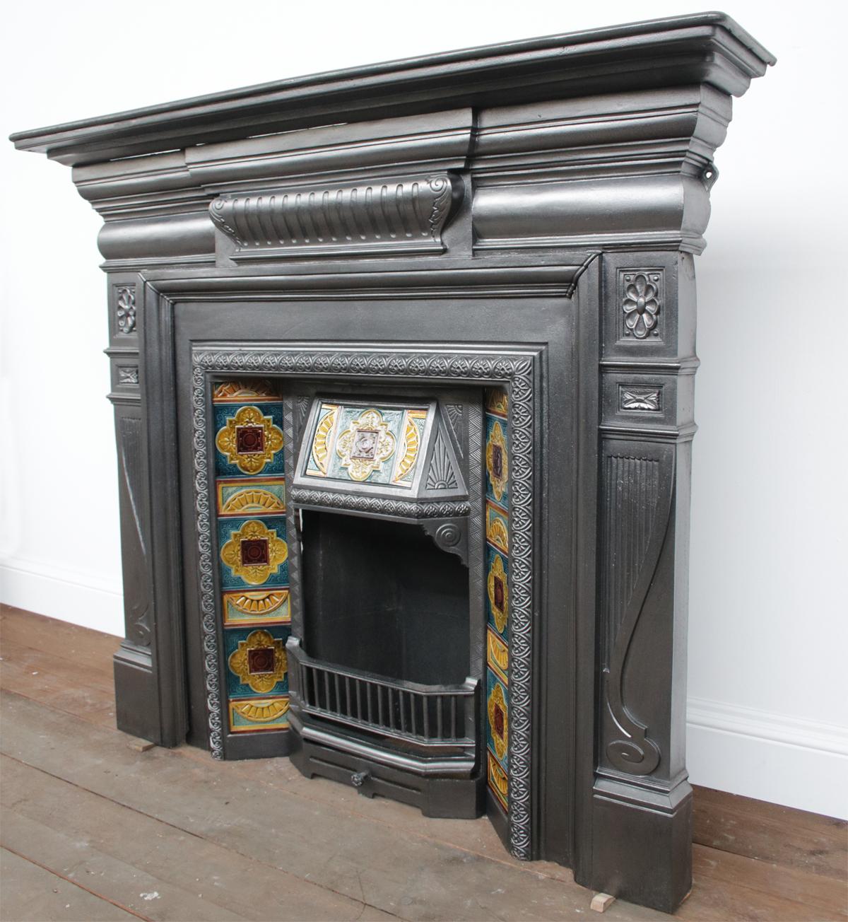 Victorian Pair of 19th Century Cast Iron Fire Surrounds with Original Tiled Grates