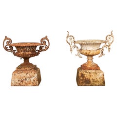 Pair of 19th Century Cast Iron Garden Urns by Kramer Bros. Foundry