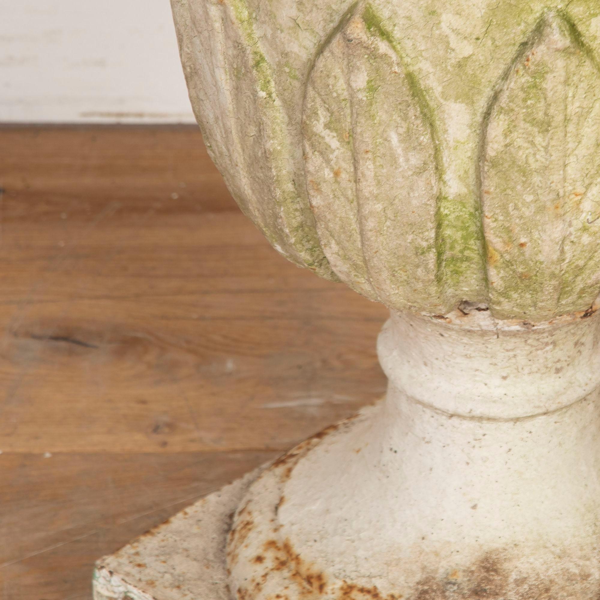Pair of English 19th Century cast iron garden urns. 
Both feature the manufacturers cast to the base of the Foundry with the customer's details. The inscriptions read 