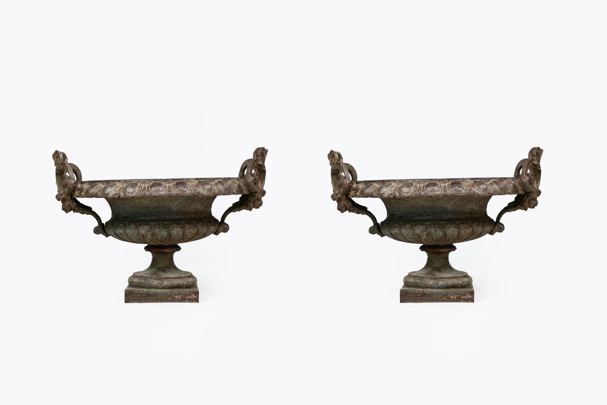 Pair of 19th Century cast iron urns with ornate scroll handles, egg and dart pattern to rim and pedestal bases.