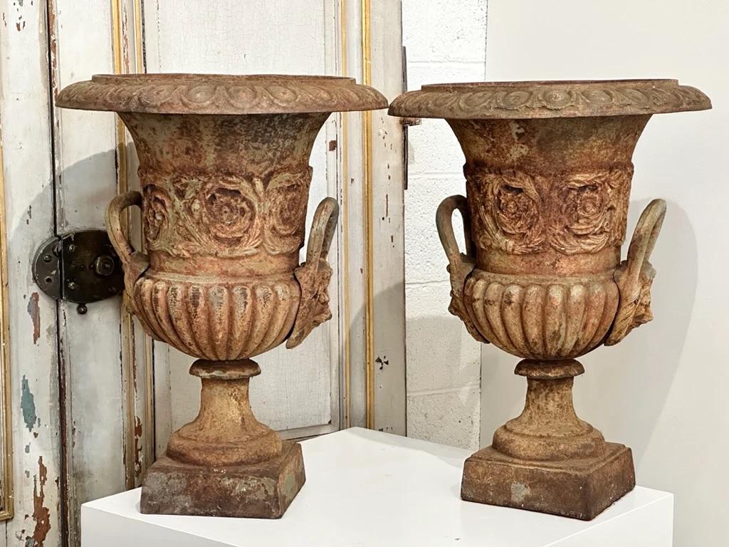 Lovely pair of cast iron Garden Urns, of classical style having, flared rim, foliate scroll bodies, lion mask handles, overall 24