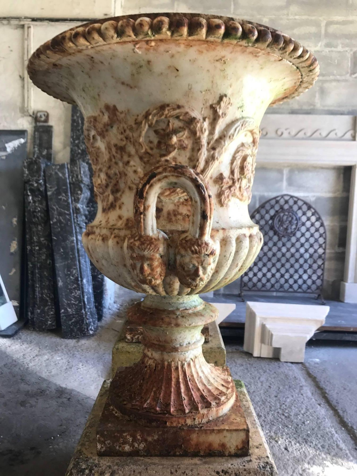 Victorian Pair of 19th Century Cast Iron Urns on Terracotta Stands