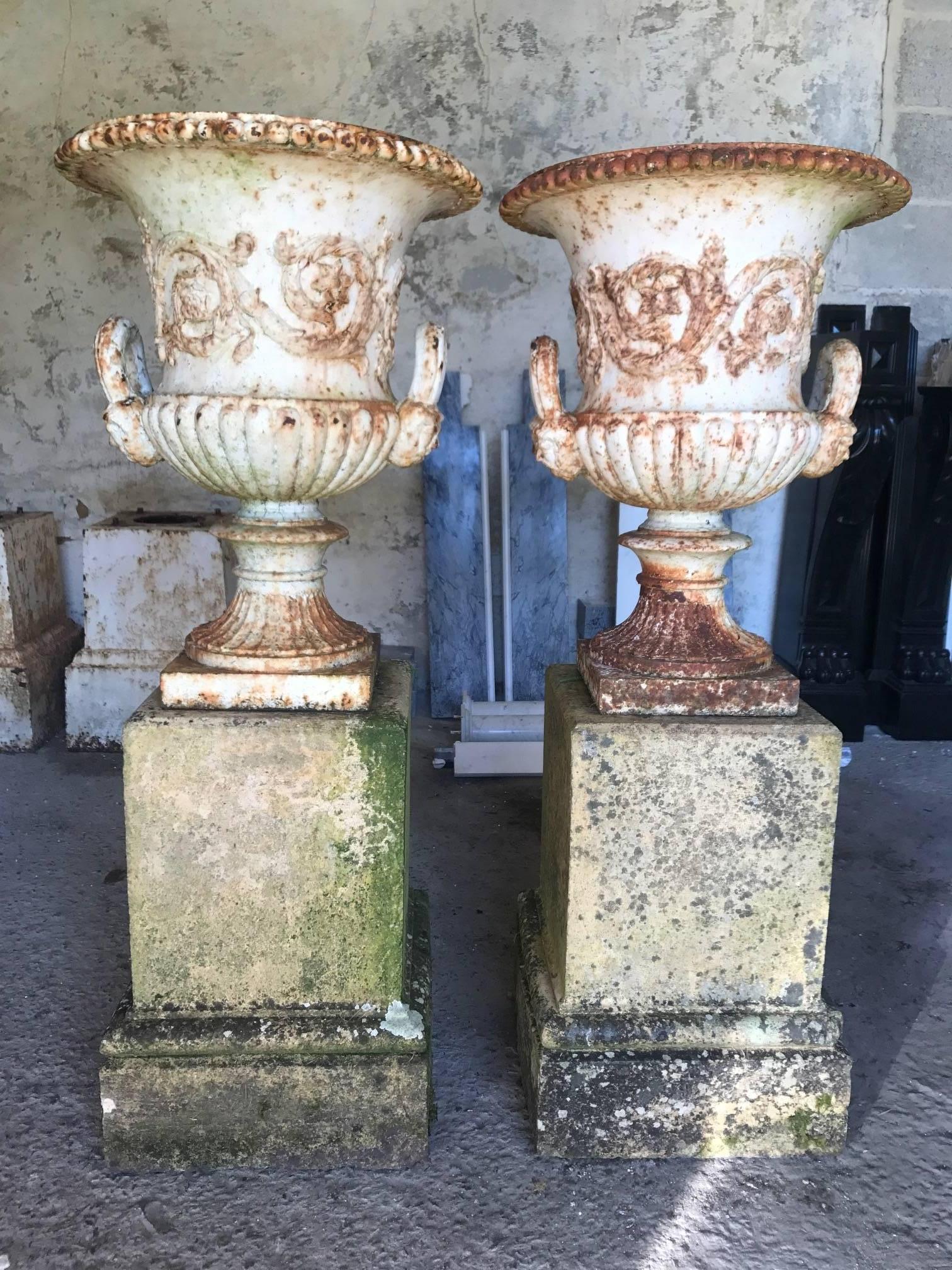 Pair of 19th Century Cast Iron Urns on Terracotta Stands In Distressed Condition In London, GB