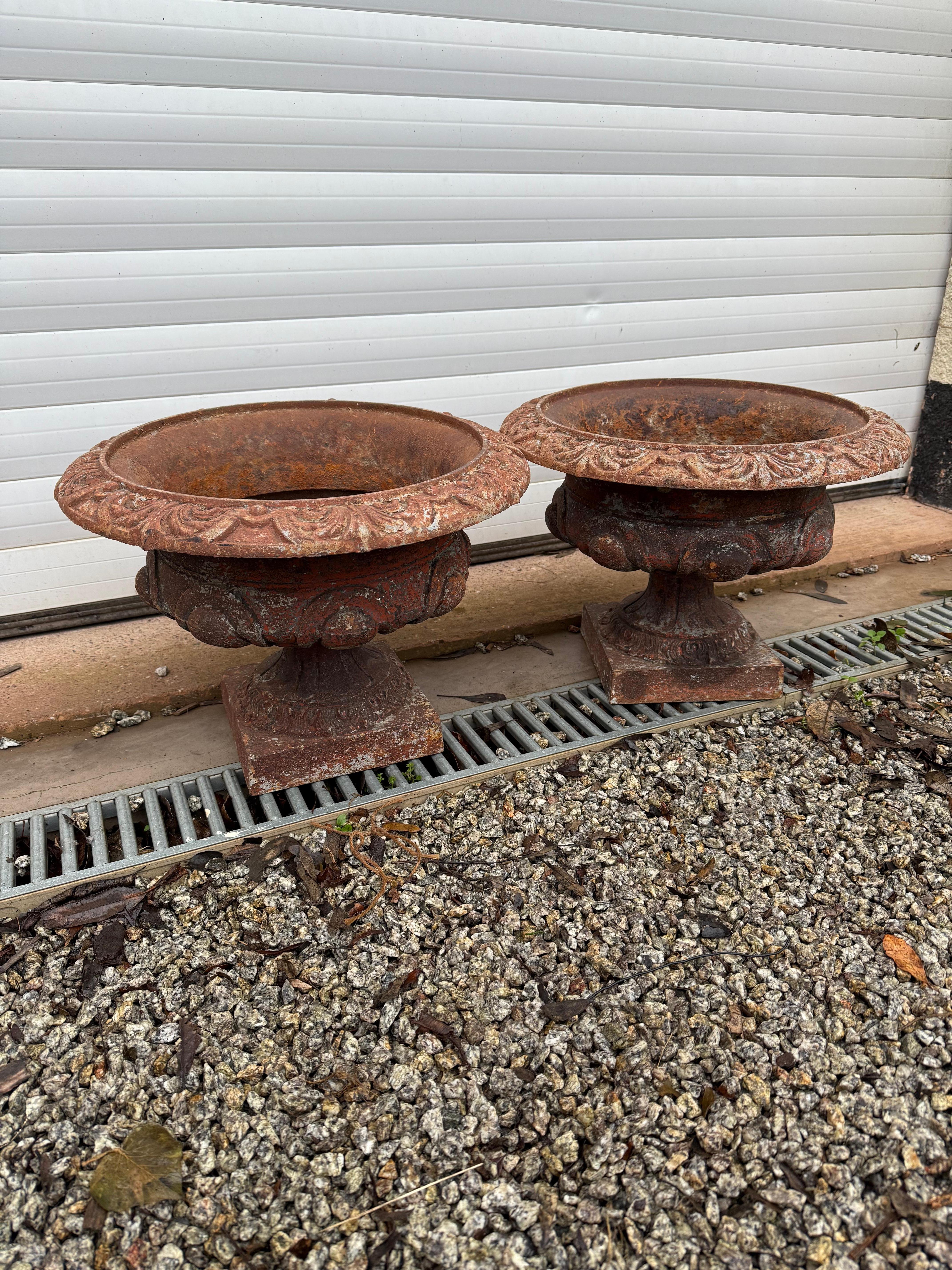 Nice decorative pair of late 19th cast iron planters 


French circa 1880

12 inches high 
16 inches diameter 