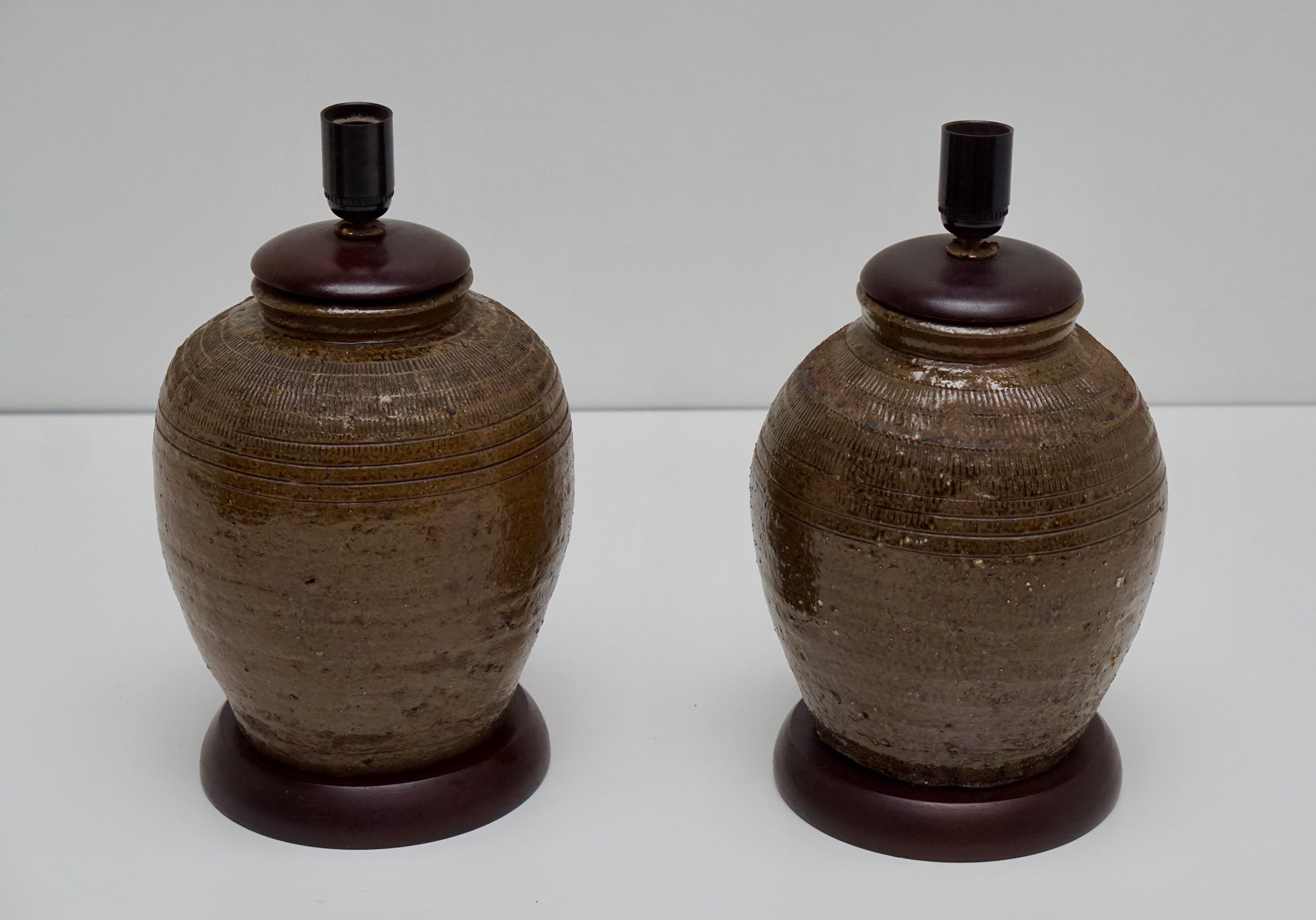 French Pair of 19th Century, Ceramic Urn or Jar Table Lamps