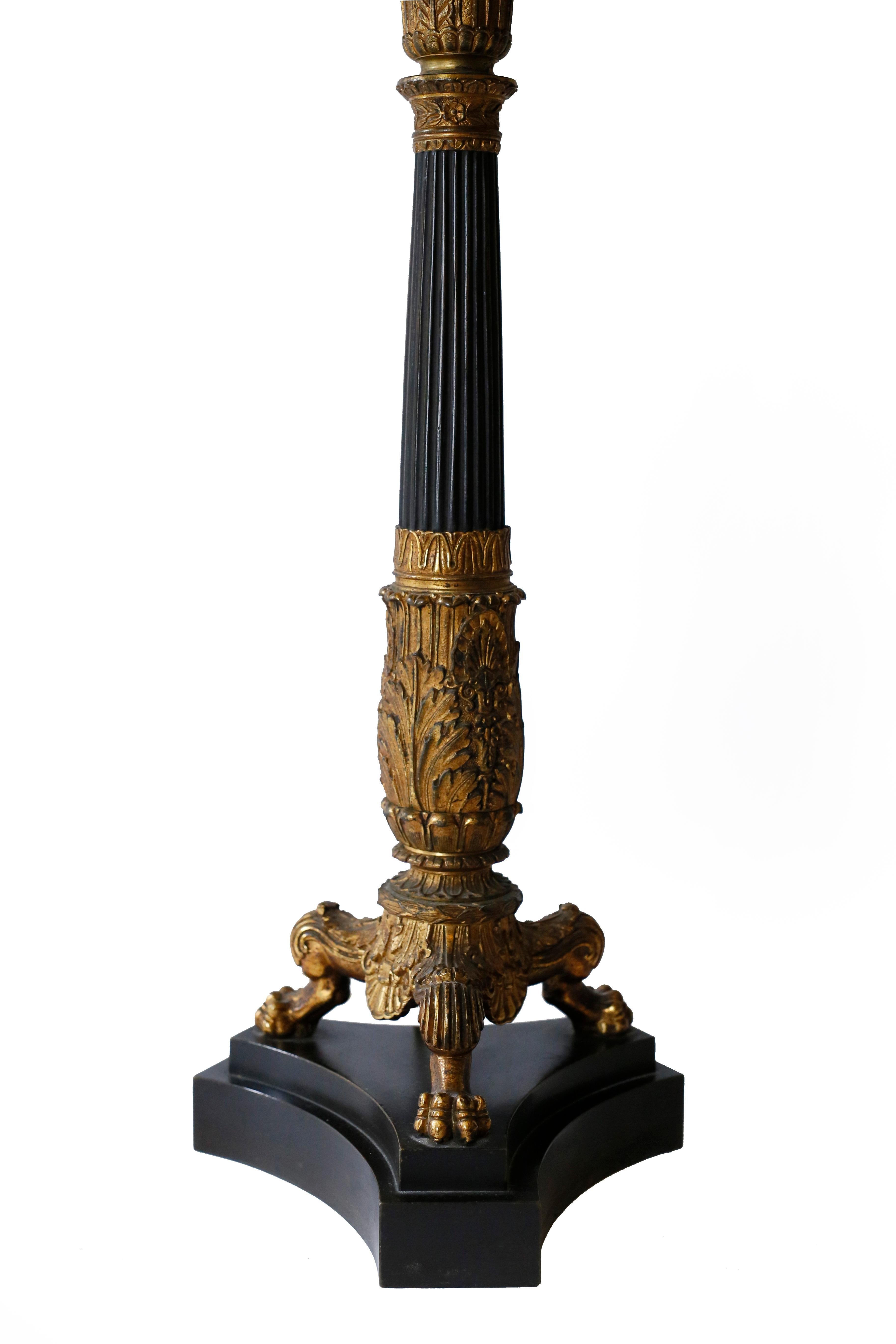 Pair of 19th Century Charles X Bronze Doré Candelabra Lamps In Good Condition For Sale In Brooklyn, NY