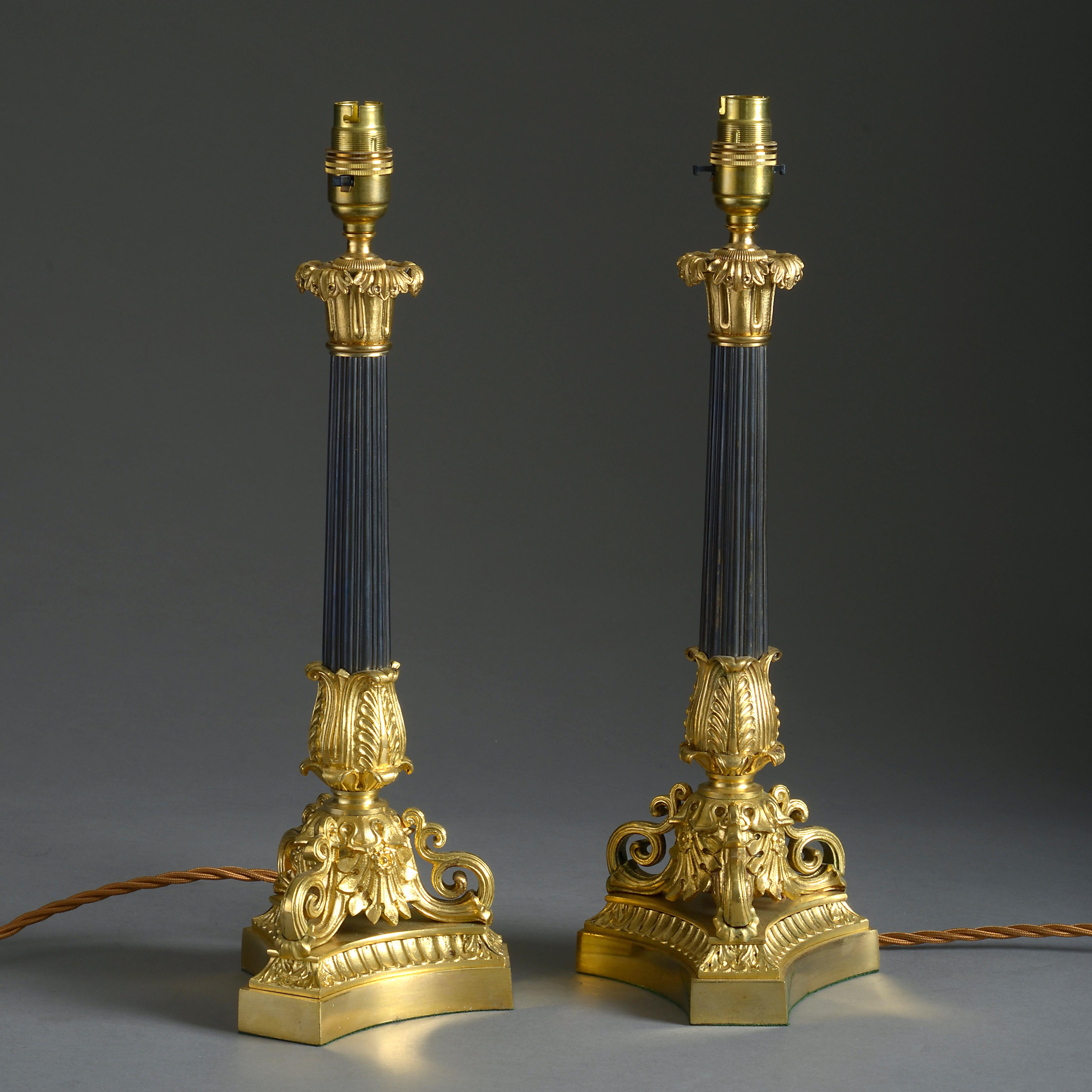 Cast Pair of 19th Century Charles X Style Bronze and Ormolu Candlestick Lamps