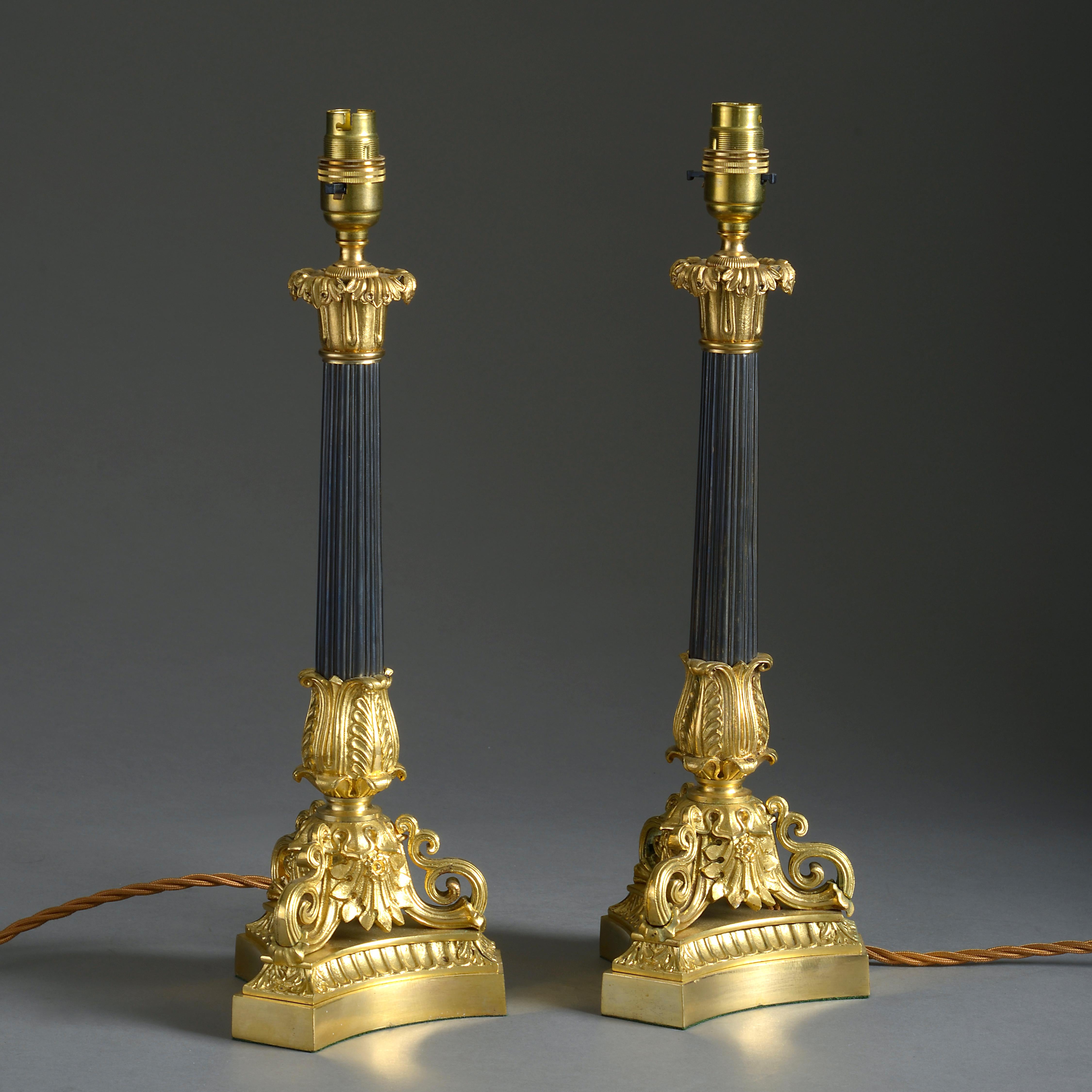 Pair of 19th Century Charles X Style Bronze and Ormolu Candlestick Lamps In Good Condition In London, GB