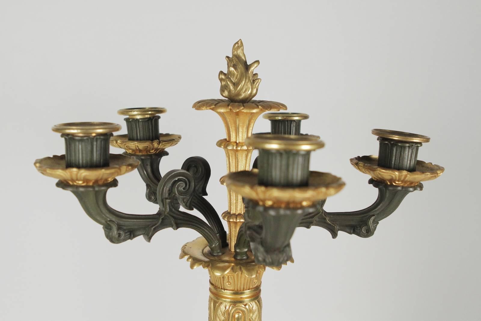 French Pair of 19th Century Charles X Style Candelabra in Marble and Bronze