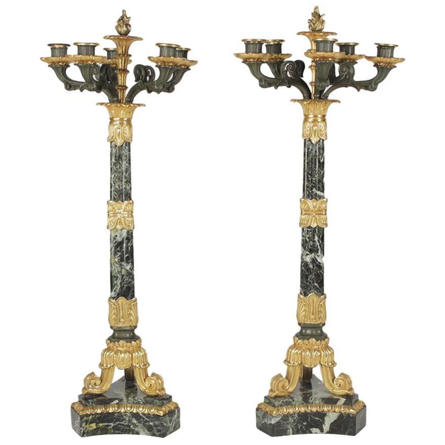 Pair of 19th Century Charles X Style Candelabra in Marble and Bronze