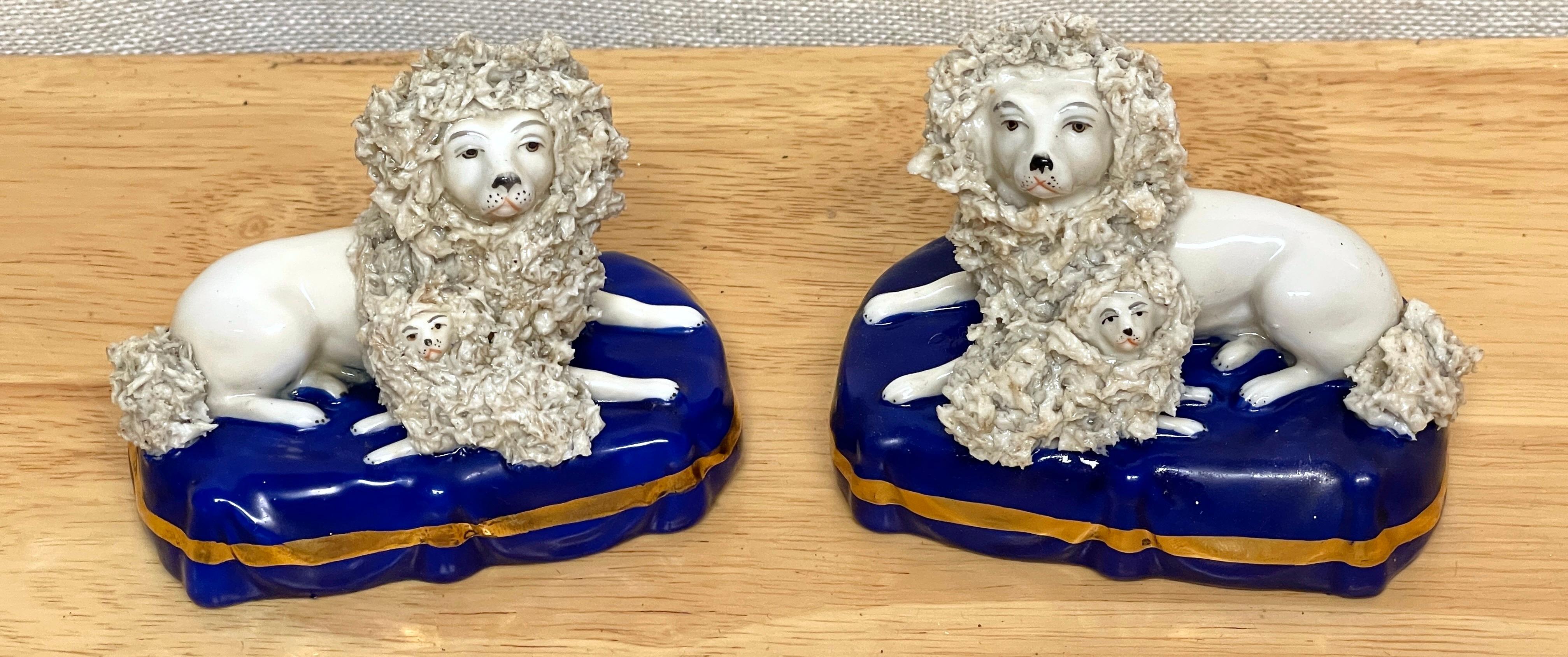 High Victorian Pair of 19th Century Chelsea Porcelain Figures of Seated Poodles & Pups For Sale