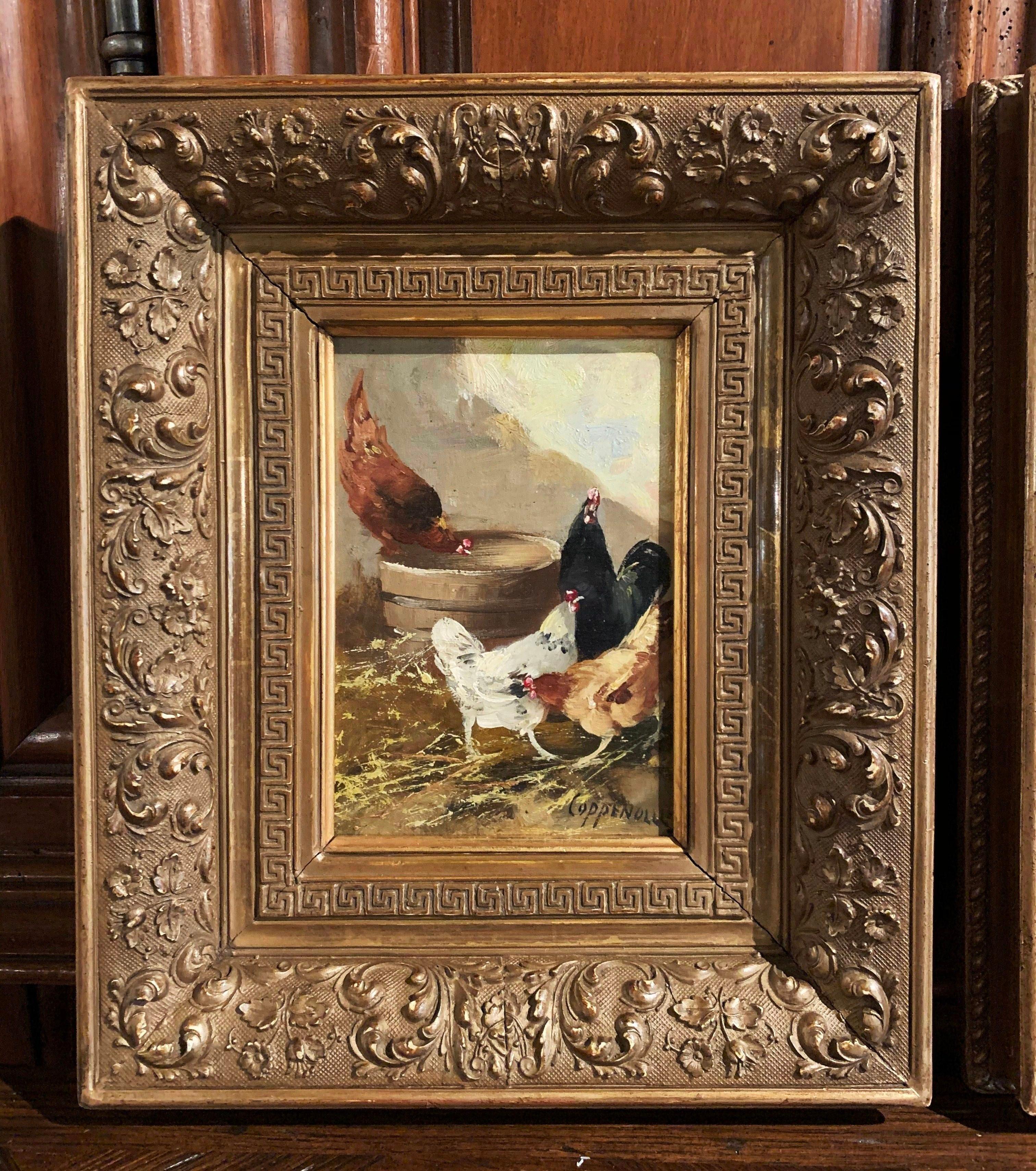 These beautiful antique chicken paintings were created in Belgium, circa 1880, painted on board and set inside the original carved gilt frame, each art work depicts a 