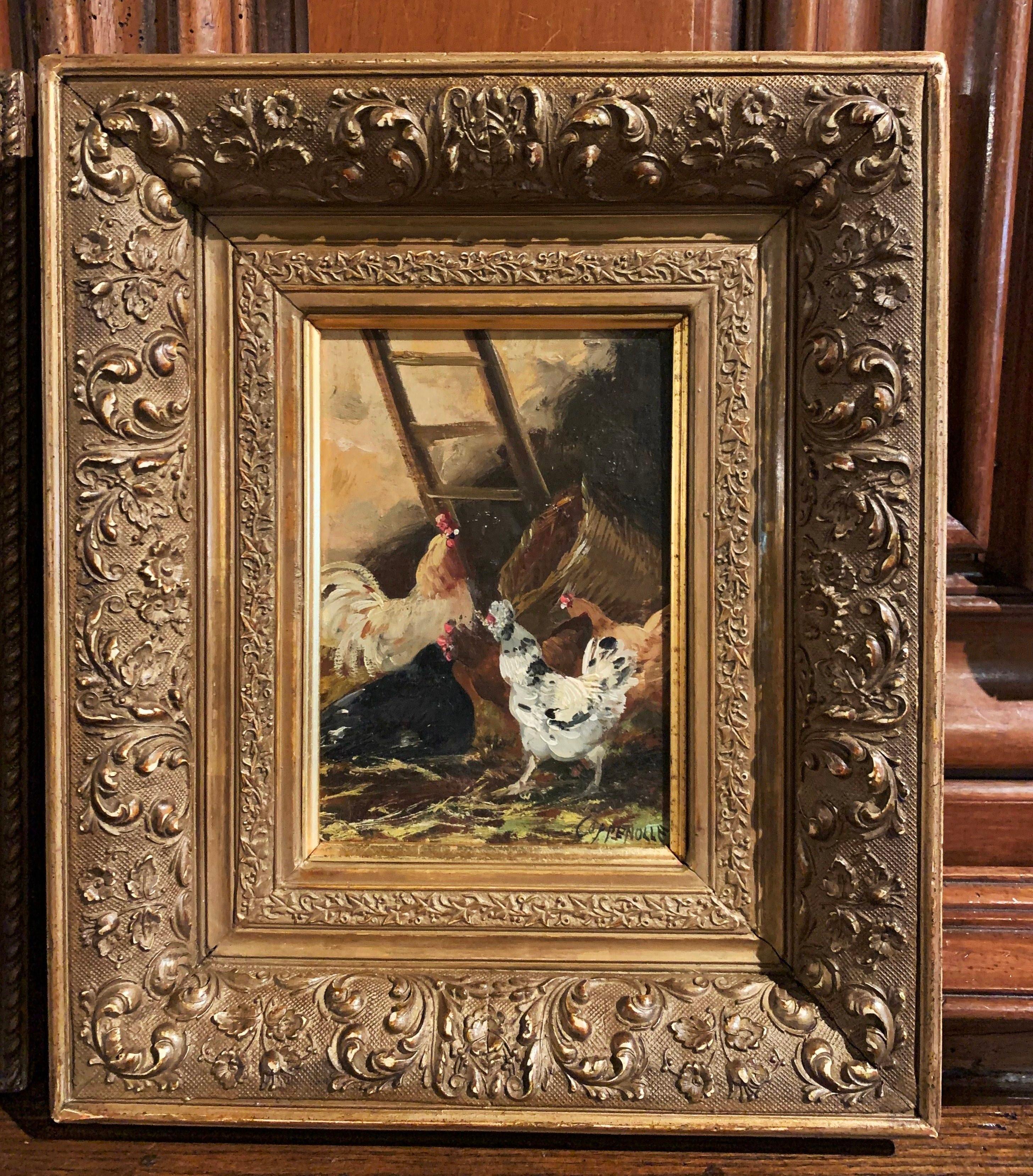 French Pair of 19th Century Chicken Paintings in Gilt Frames Signed E. Coppenolle