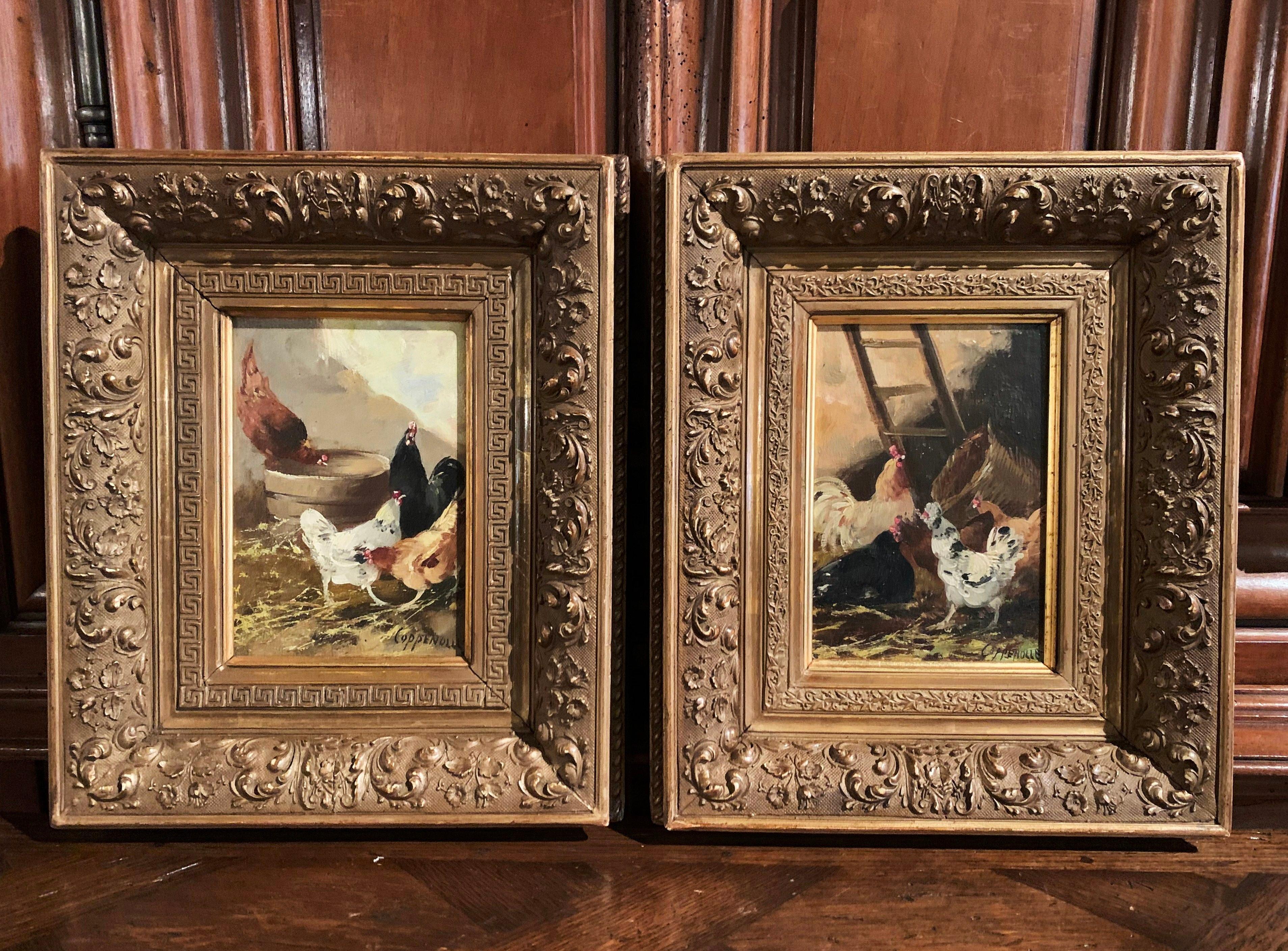 Carved Pair of 19th Century Chicken Paintings in Gilt Frames Signed E. Coppenolle