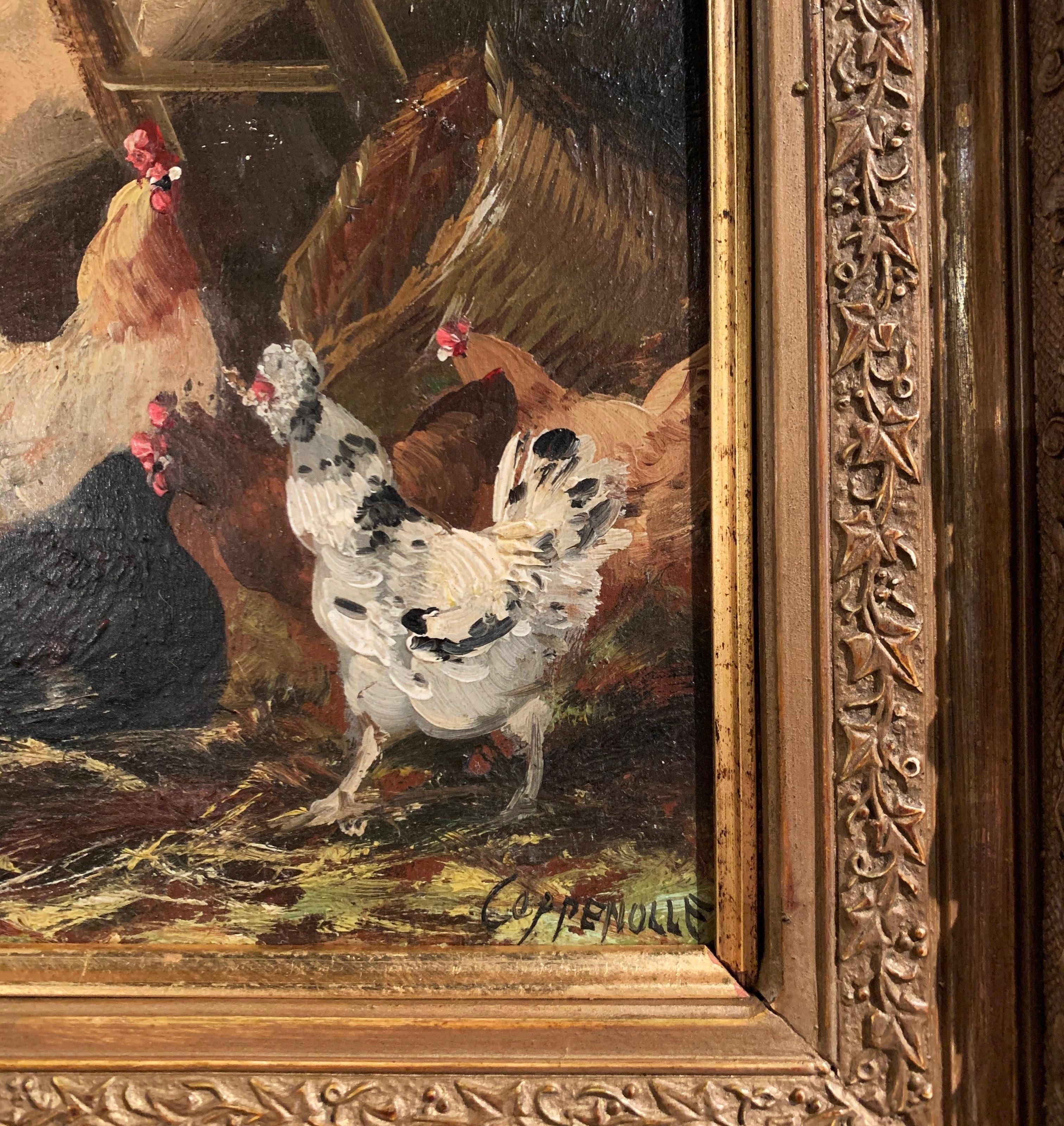 Pair of 19th Century Chicken Paintings in Gilt Frames Signed E. Coppenolle In Excellent Condition In Dallas, TX