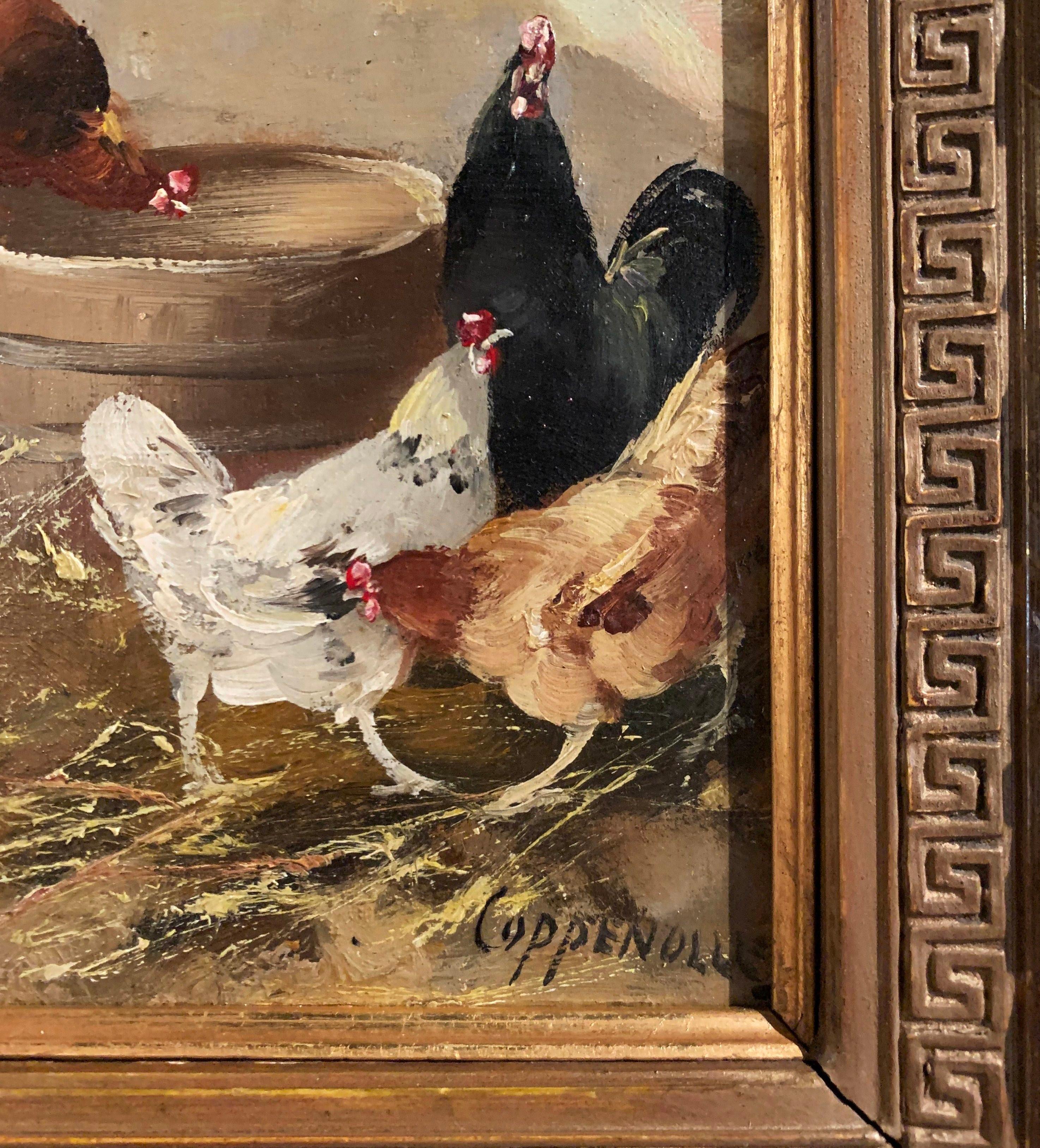 Canvas Pair of 19th Century Chicken Paintings in Gilt Frames Signed E. Coppenolle