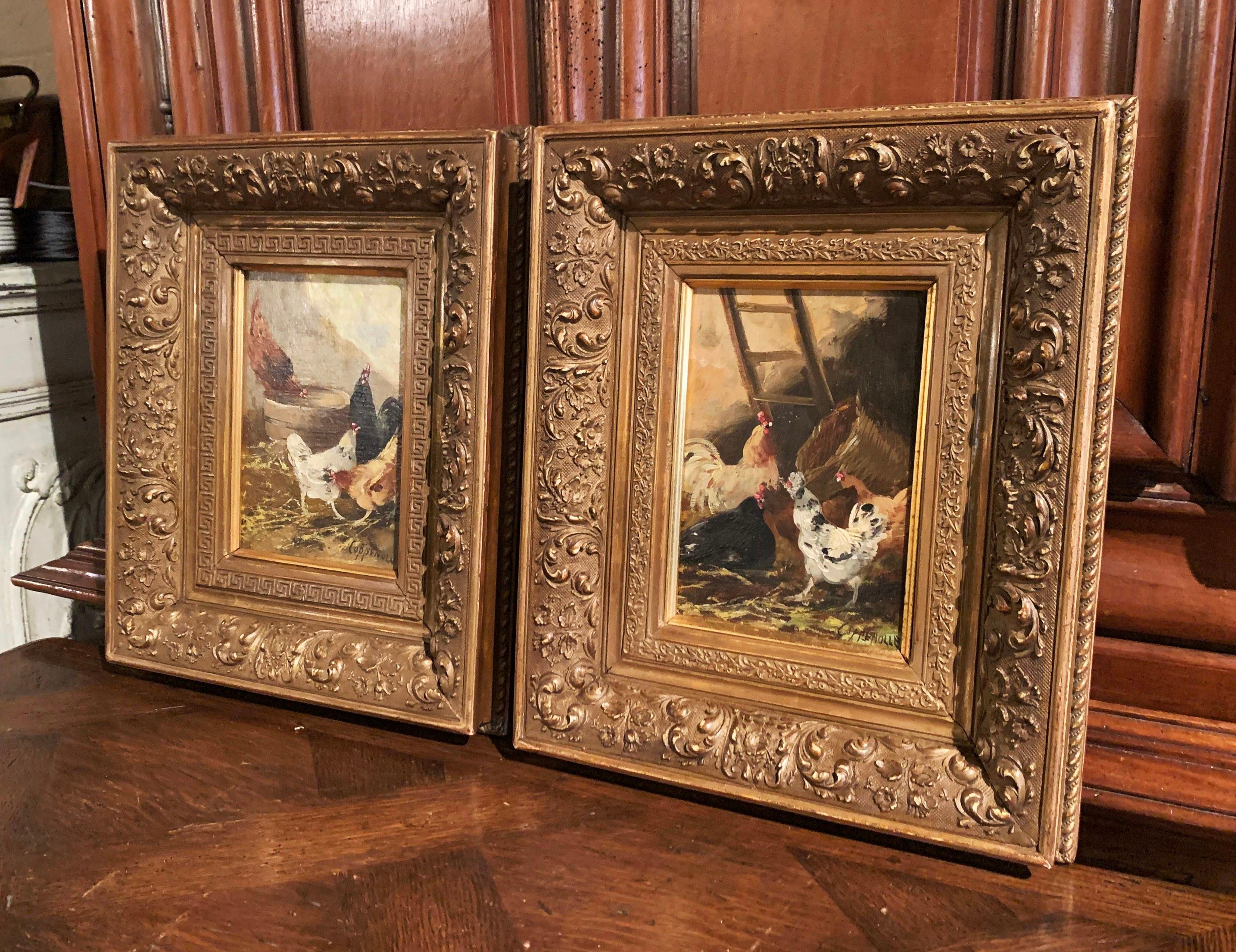 Pair of 19th Century Chicken Paintings in Gilt Frames Signed E. Coppenolle 1