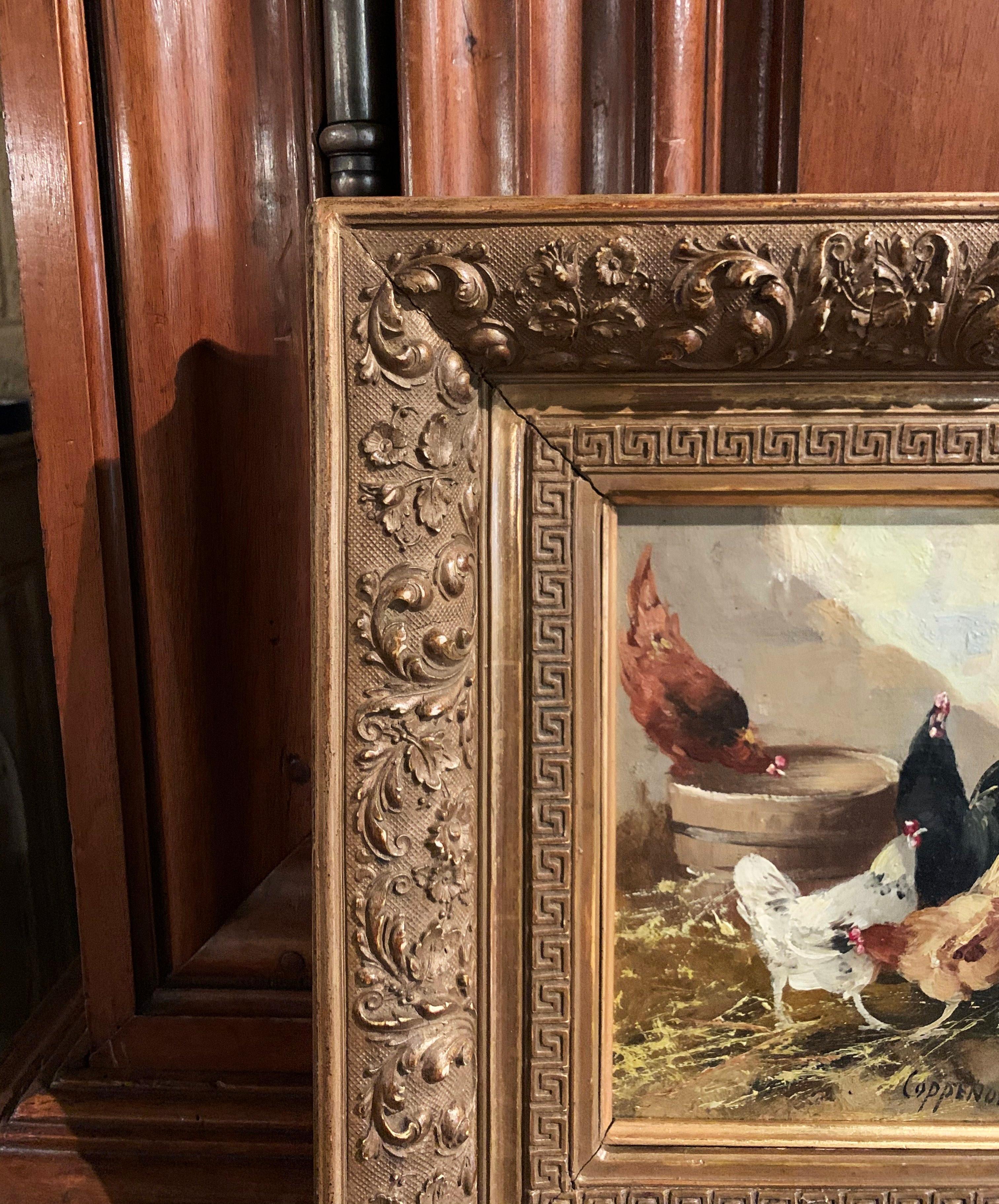 Pair of 19th Century Chicken Paintings in Gilt Frames Signed E. Coppenolle 2