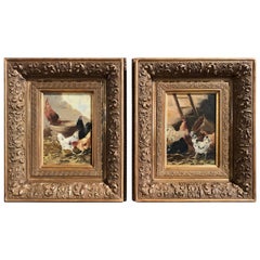 Pair of 19th Century Chicken Paintings in Gilt Frames Signed E. Coppenolle