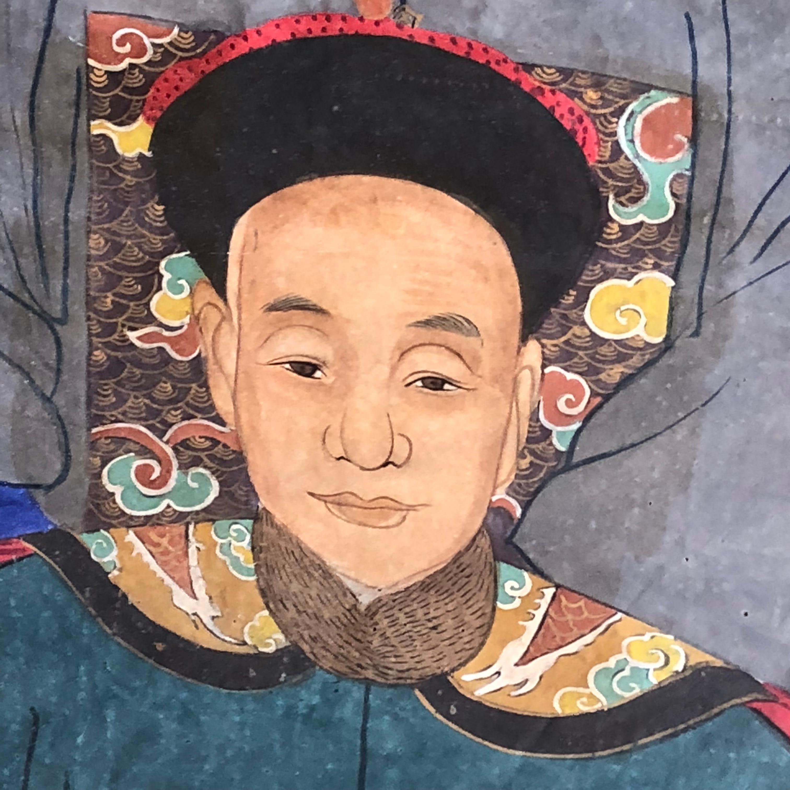 Paire de portraits d'ancêtres chinois du 19ème siècle, de grande taille, encadré en vente 2