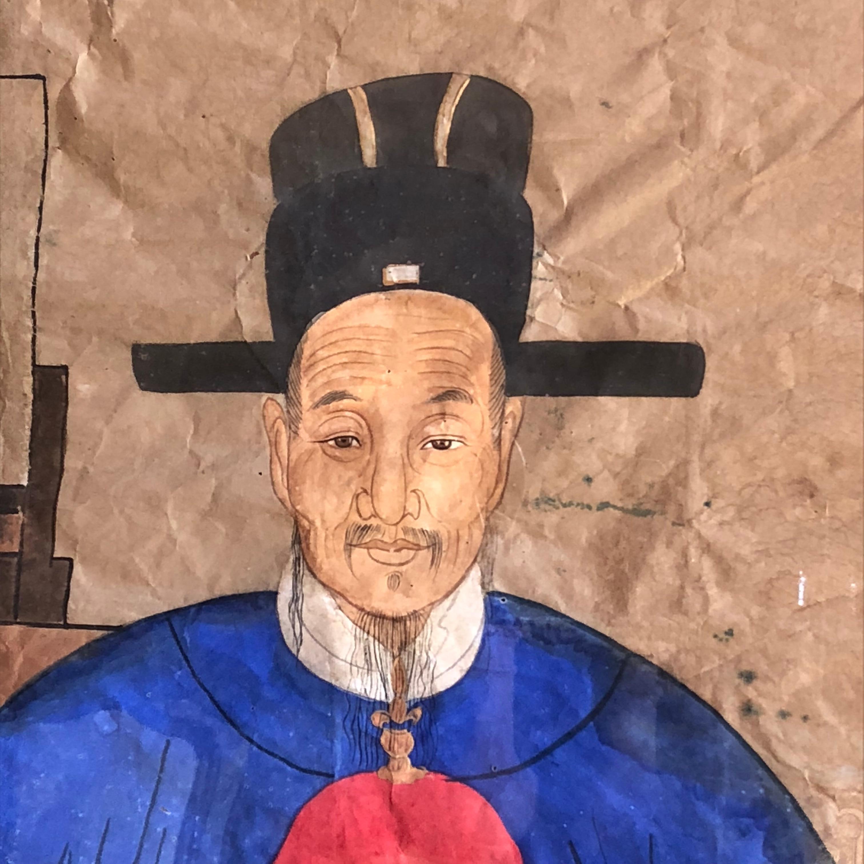 Paire de portraits d'ancêtres chinois du 19ème siècle, de grande taille, encadré en vente 4