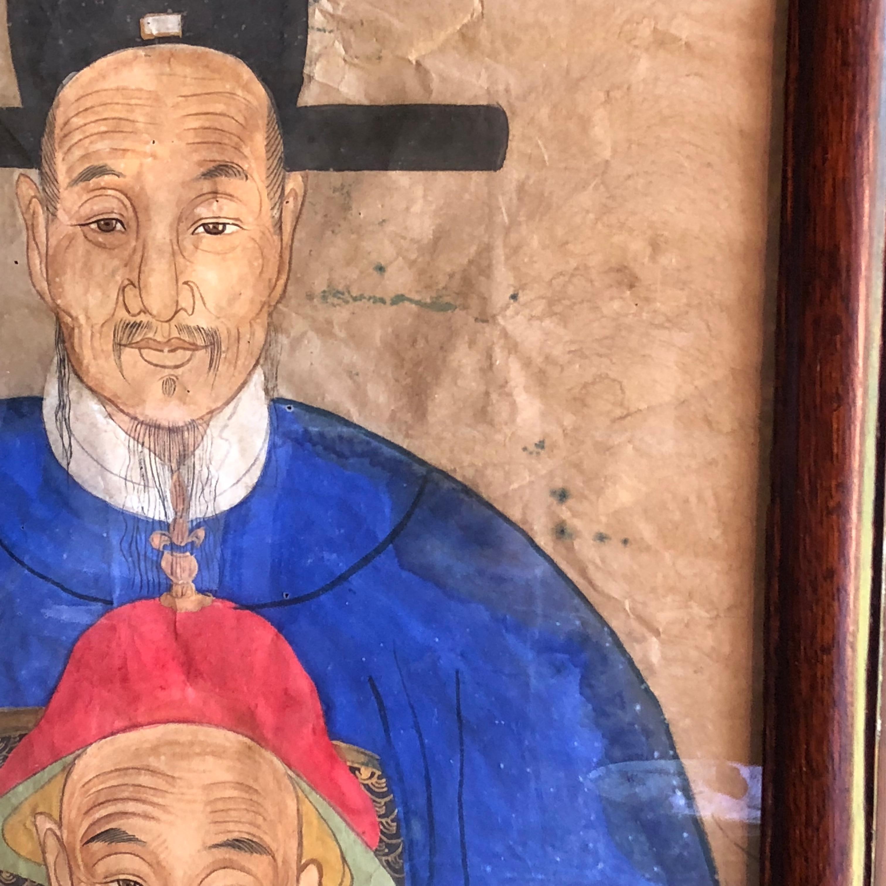 Paire de portraits d'ancêtres chinois du 19ème siècle, de grande taille, encadré en vente 6