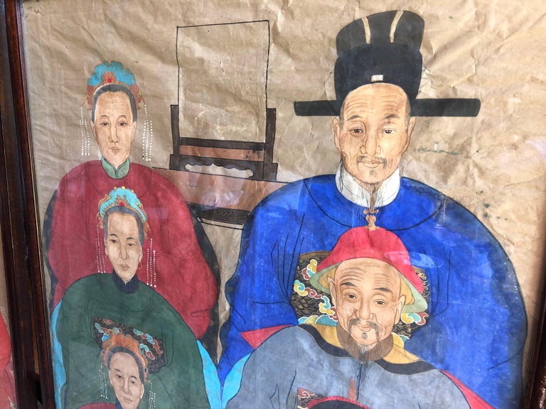 Hand-Painted Pair of 19th Century Chinese Ancestor Portraits, Large Size, Framed For Sale