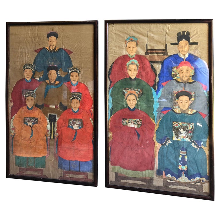 Pair of 19th Century Chinese Ancestor Portraits, Large Size, Framed For Sale