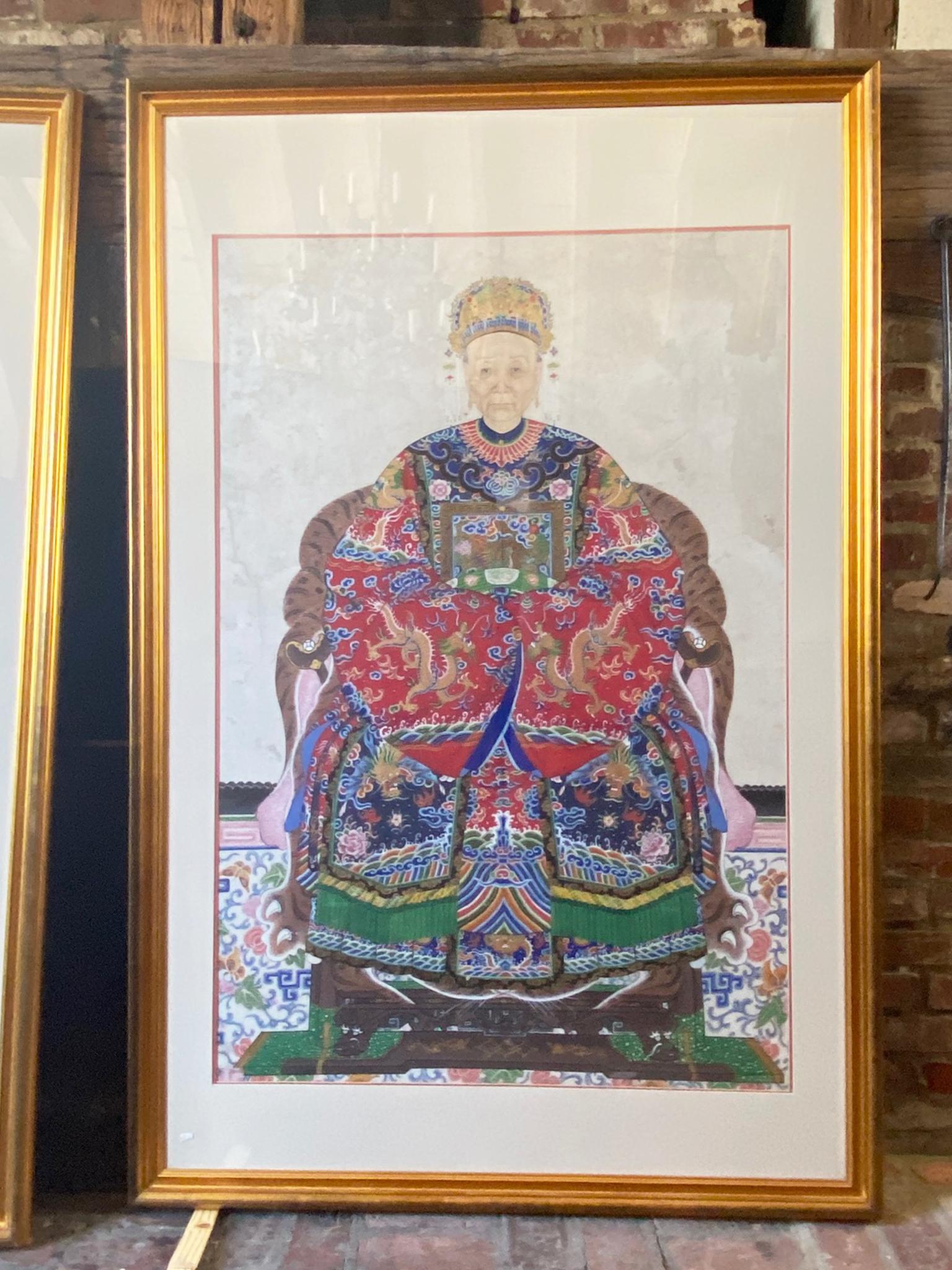 Pair of 19th Century Chinese Ancestral Portraits, Qing Dynasty Era In Good Condition In New York, NY