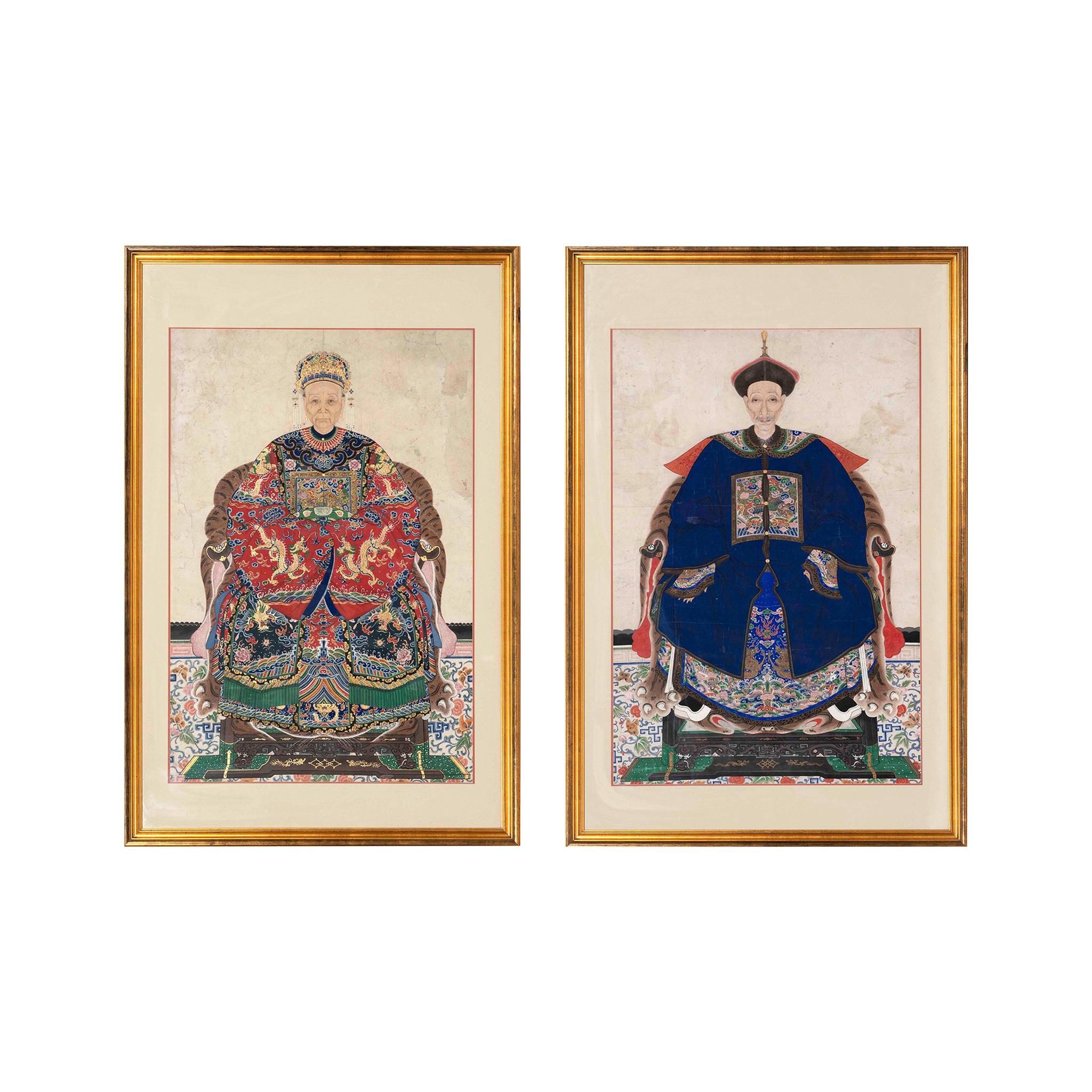 Pair of 19th Century Chinese Ancestral Portraits, Qing Dynasty Era