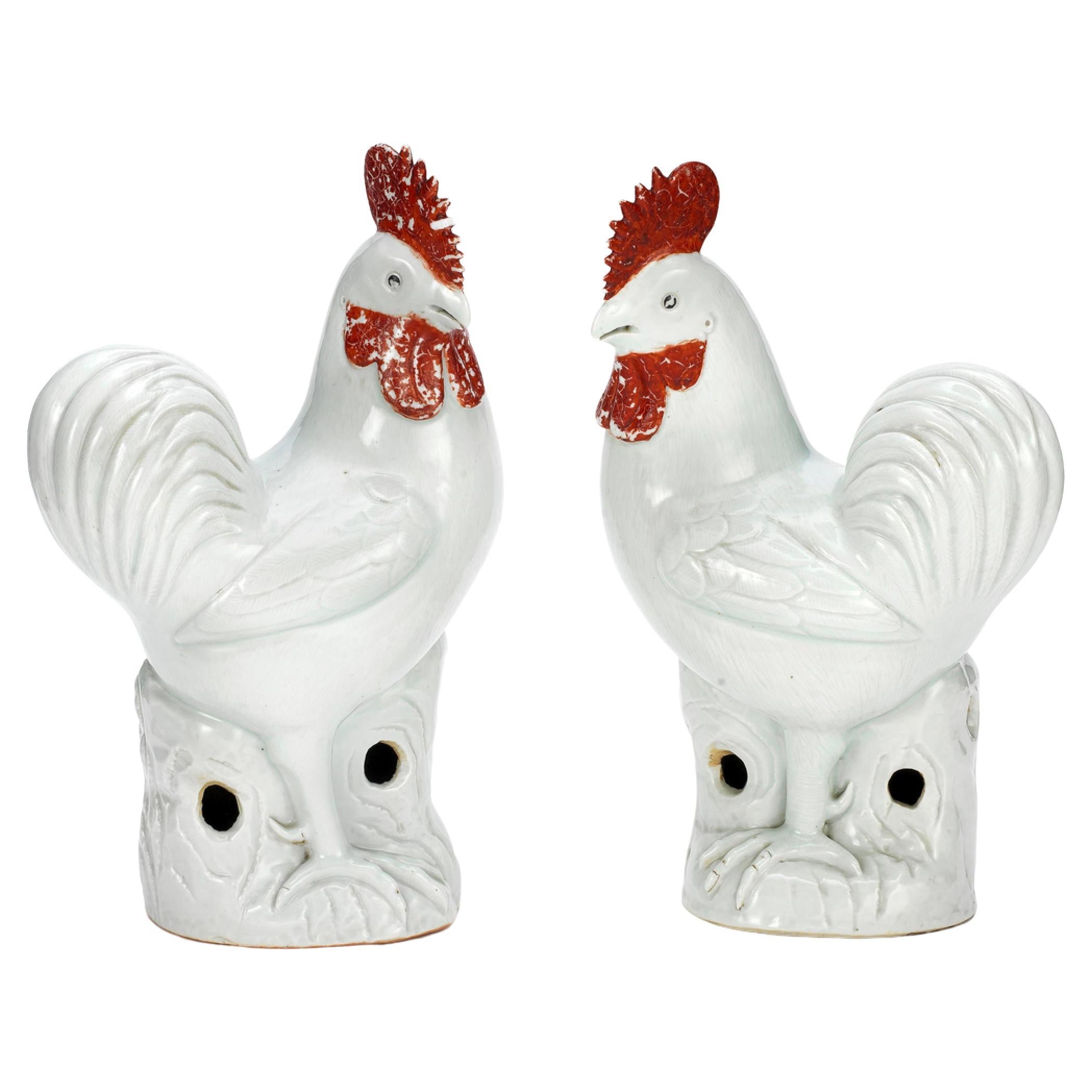 Pair of 19th Century Chinese Antique Porcelain Cockerels For Sale
