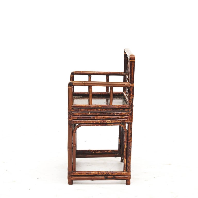 Lacquered Pair of 19th Century Chinese Bamboo Arm Chairs in Original Condition For Sale