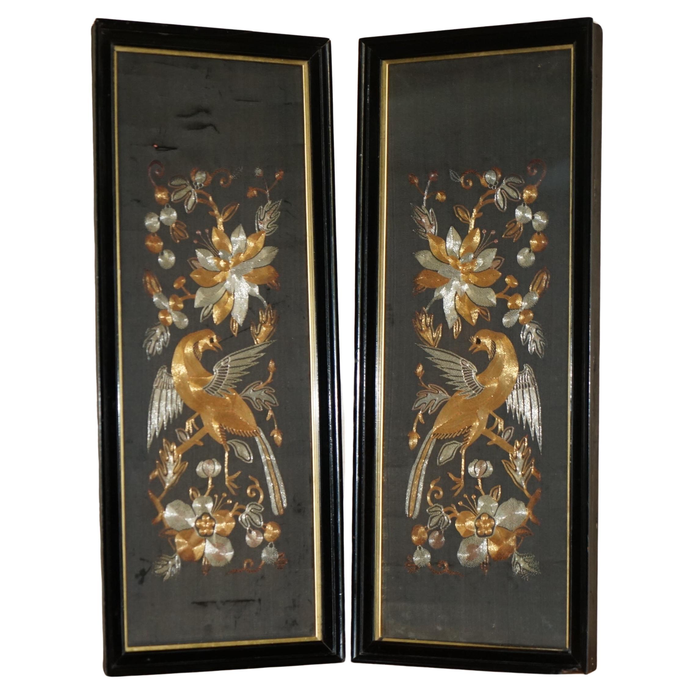 PAIR OF 19TH CENTURY CHINESE BiRD & FLOWERS GOLD SILVER STITCH SILK EMBROIDERIES For Sale