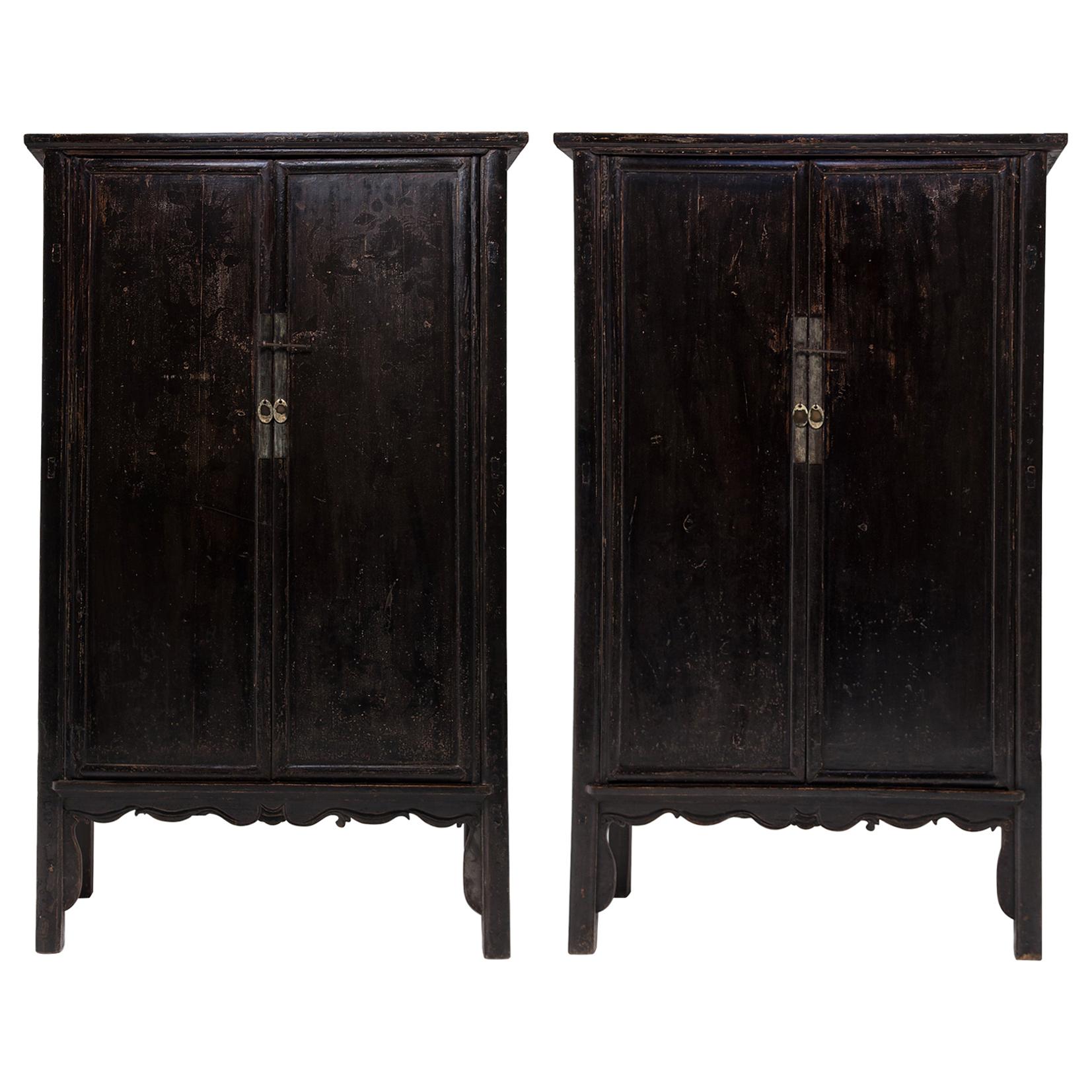Pair of Chinese Black Lacquer Cabinets with Scalloped Aprons, c. 1800