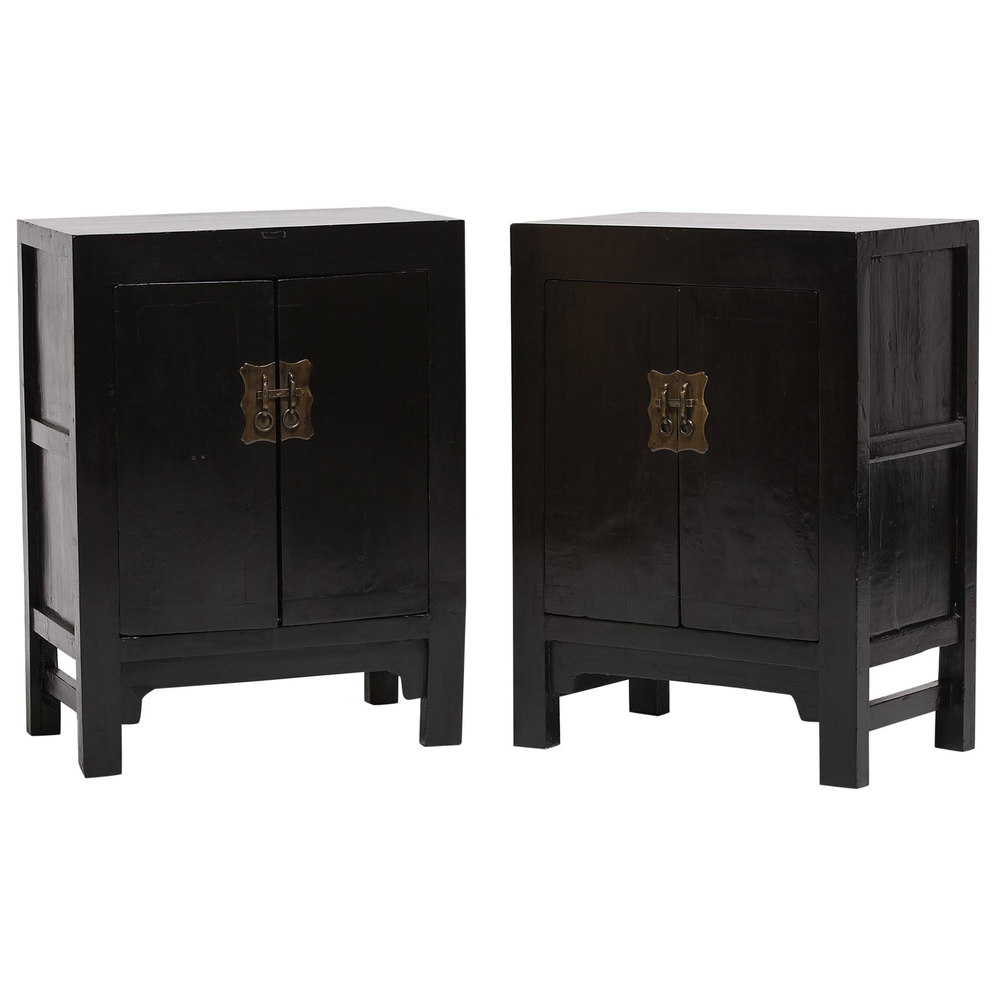 Pair of 19th Century Chinese Black Lacquer Locking Cabinets