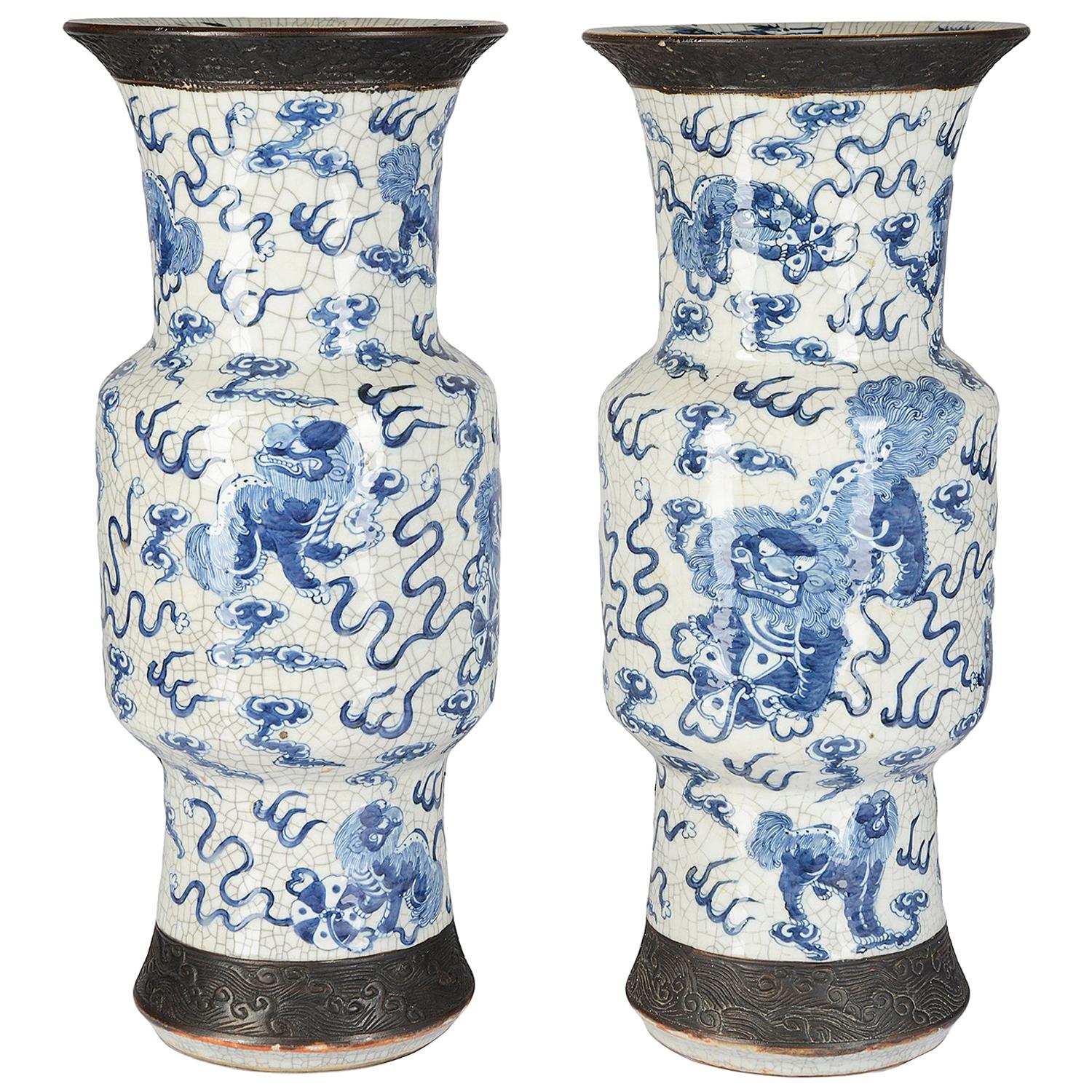 Pair of 19th Century Chinese Blue and White Crackelware Vases For Sale