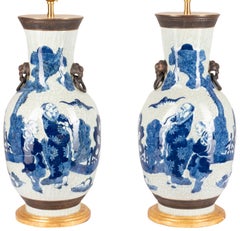 Pair of Chinese Blue and White Crackle Ware Vases/Lamps