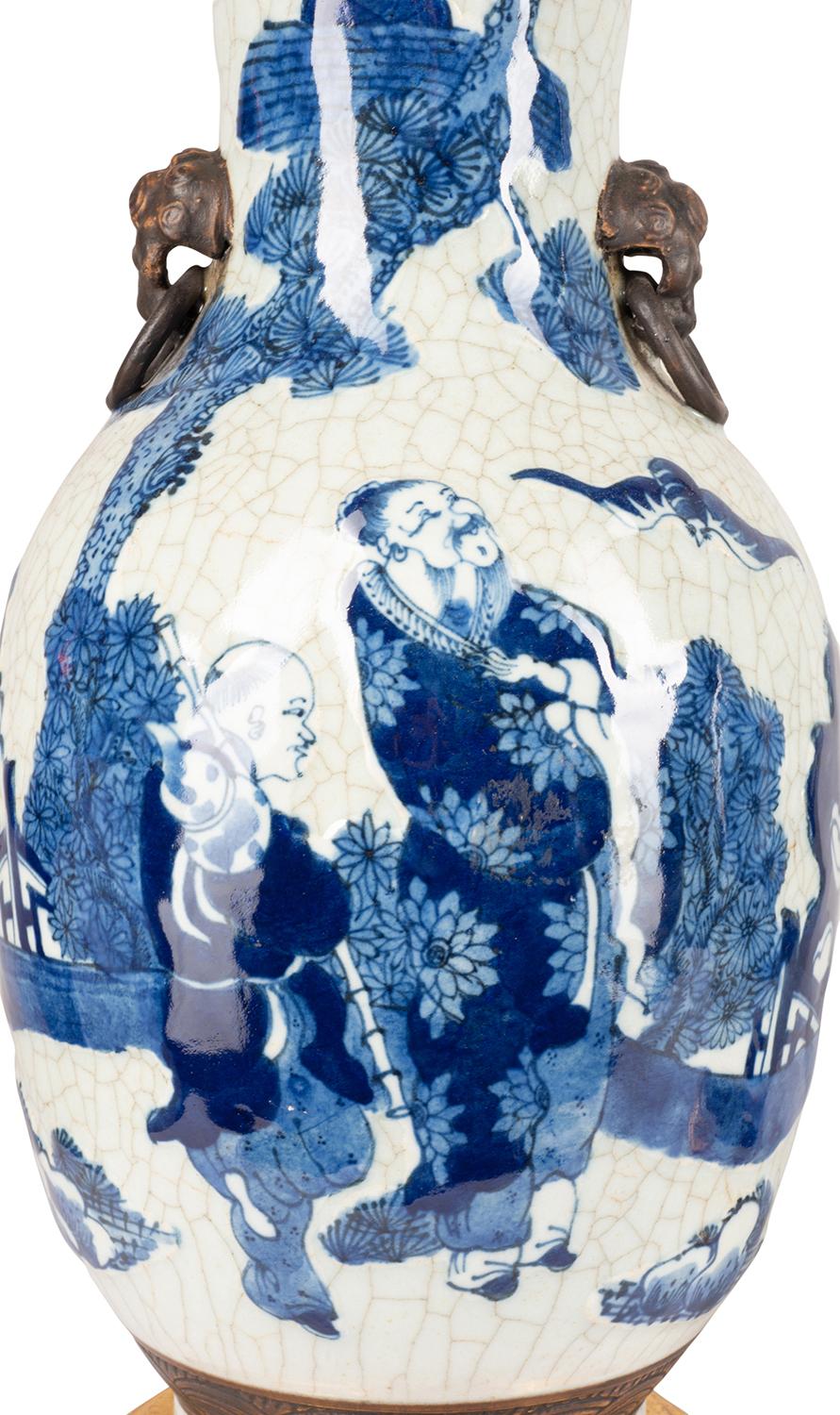 Hand-Painted Pair of Chinese Blue and White Crackle Ware Vases/Lamps For Sale
