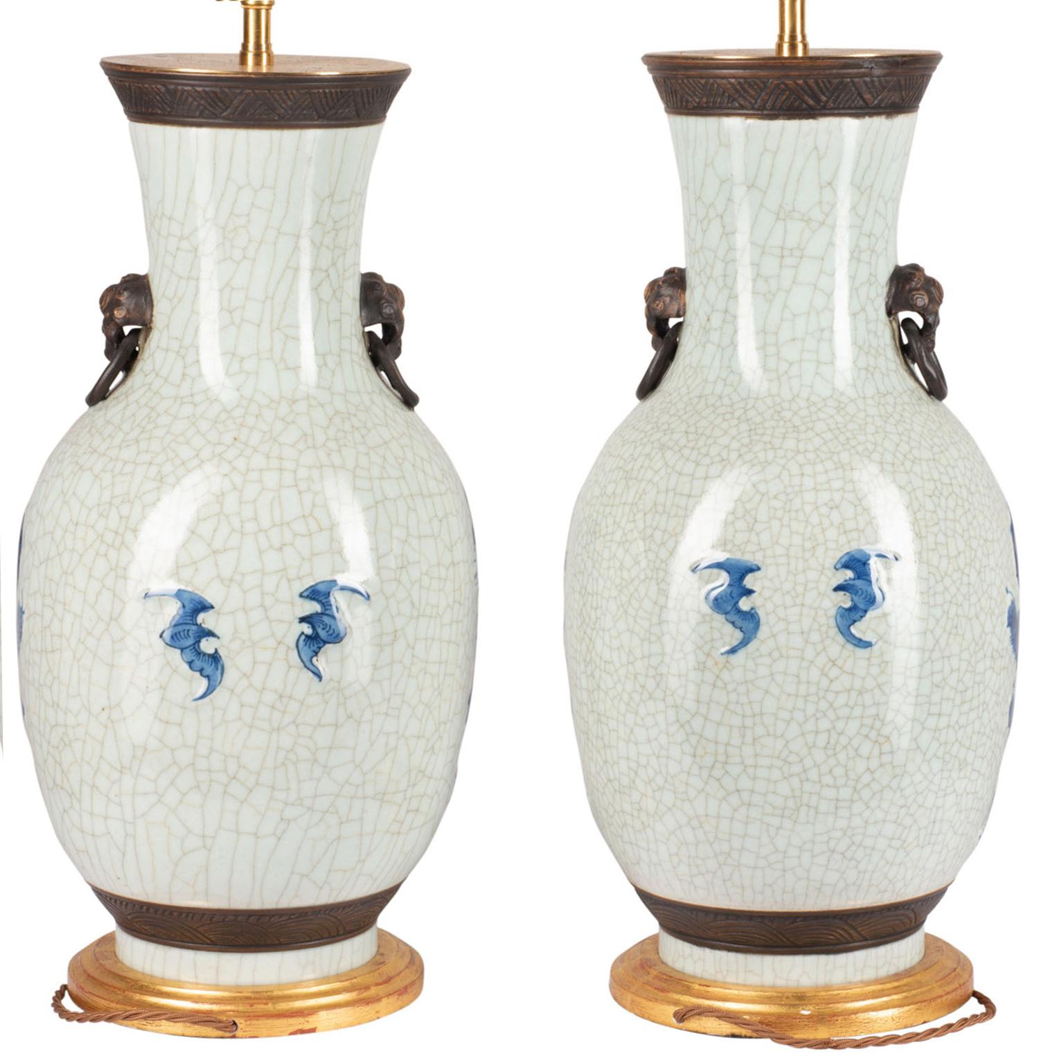 Pair of Chinese Blue and White Crackle Ware Vases/Lamps In Good Condition For Sale In Brighton, Sussex