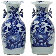 Pair of 19th Century Chinese Blue and White Peony Fantail Vases